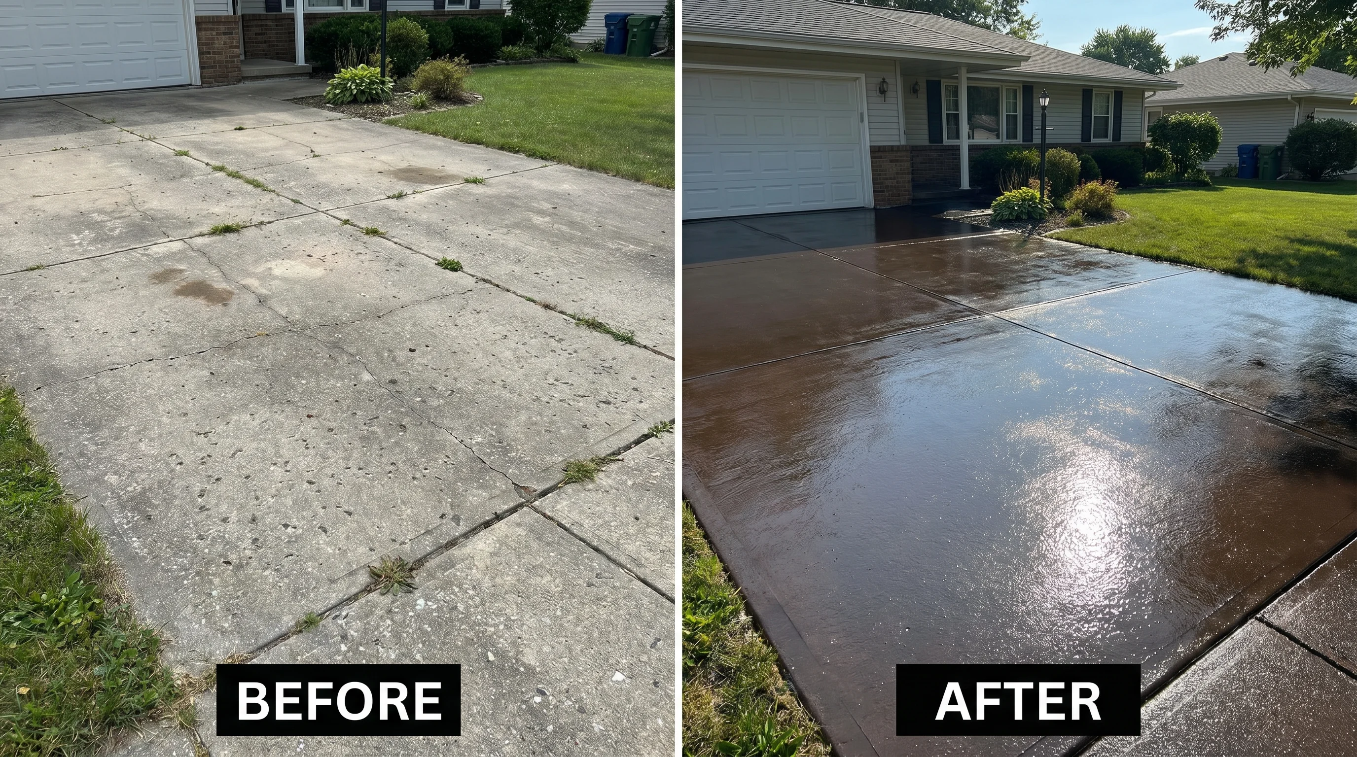 Before and after comparison of a concrete driveway — left side showing dull weathered gray concrete and right side showing the same surface with a rich enhanced finish after sealing