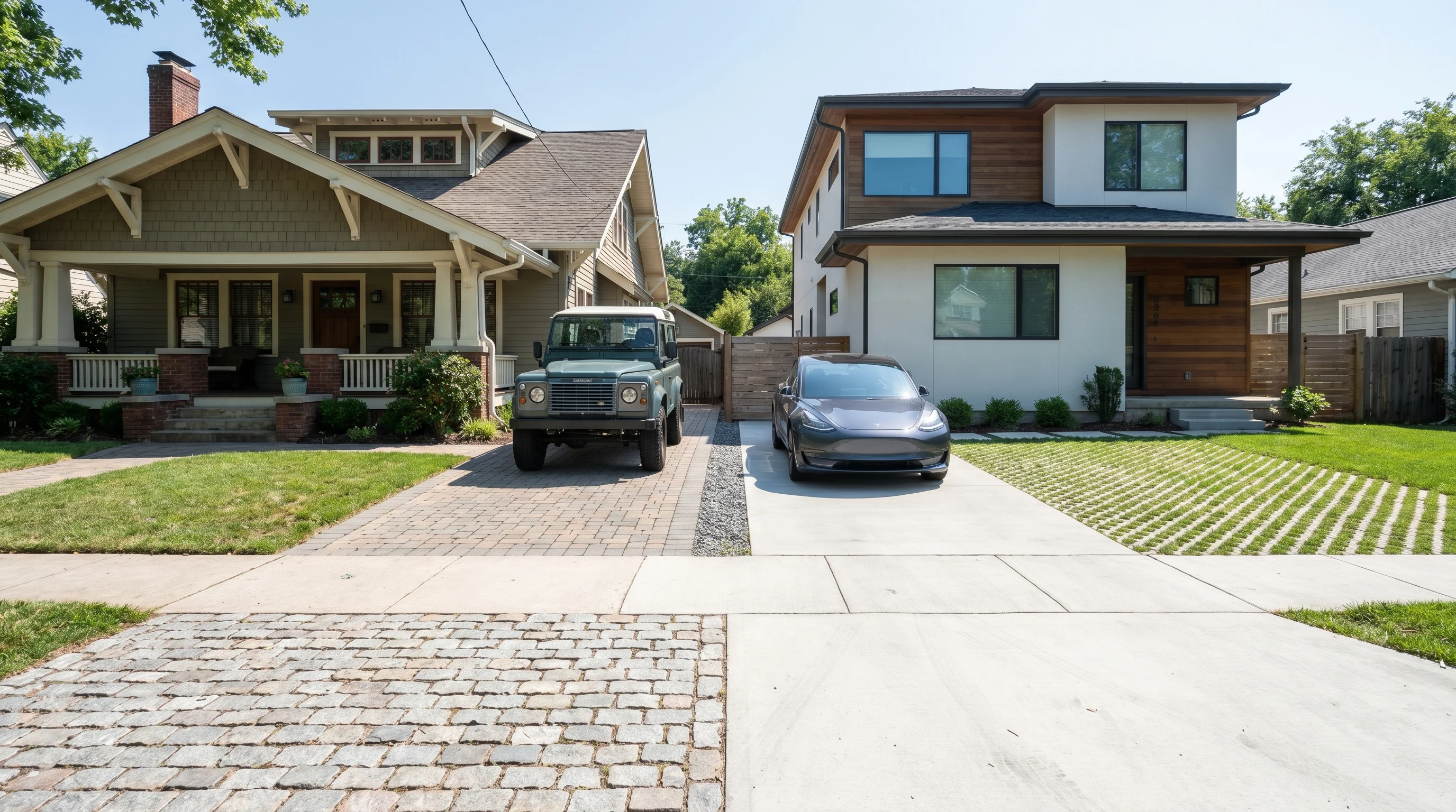 Two neighboring homes side by side — one with a dark asphalt driveway and one with a light gray concrete driveway on a sunny residential street