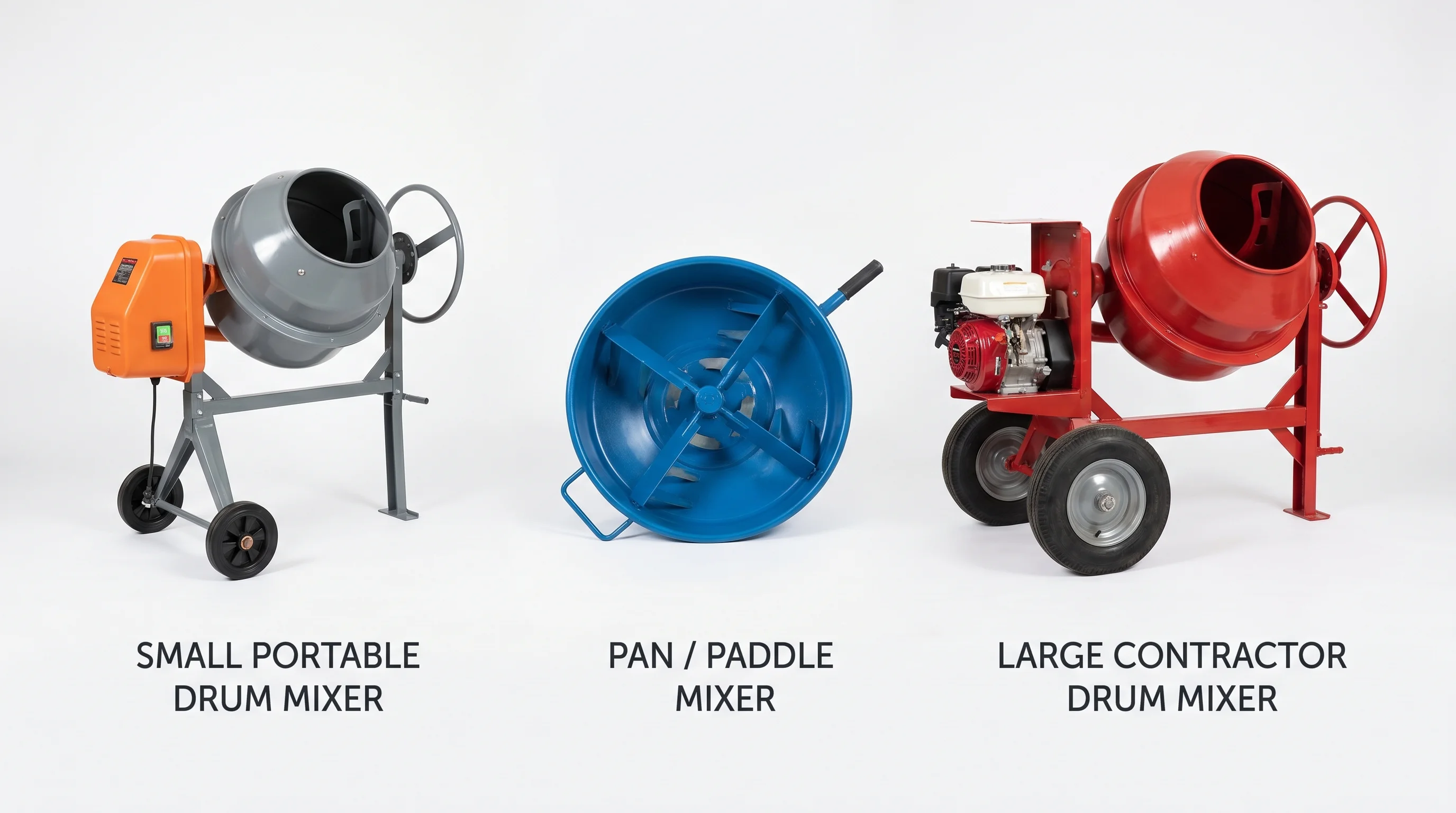 Three different concrete mixer types side by side — a small portable drum mixer, a pan/paddle mixer, and a large gas-powered contractor drum mixer