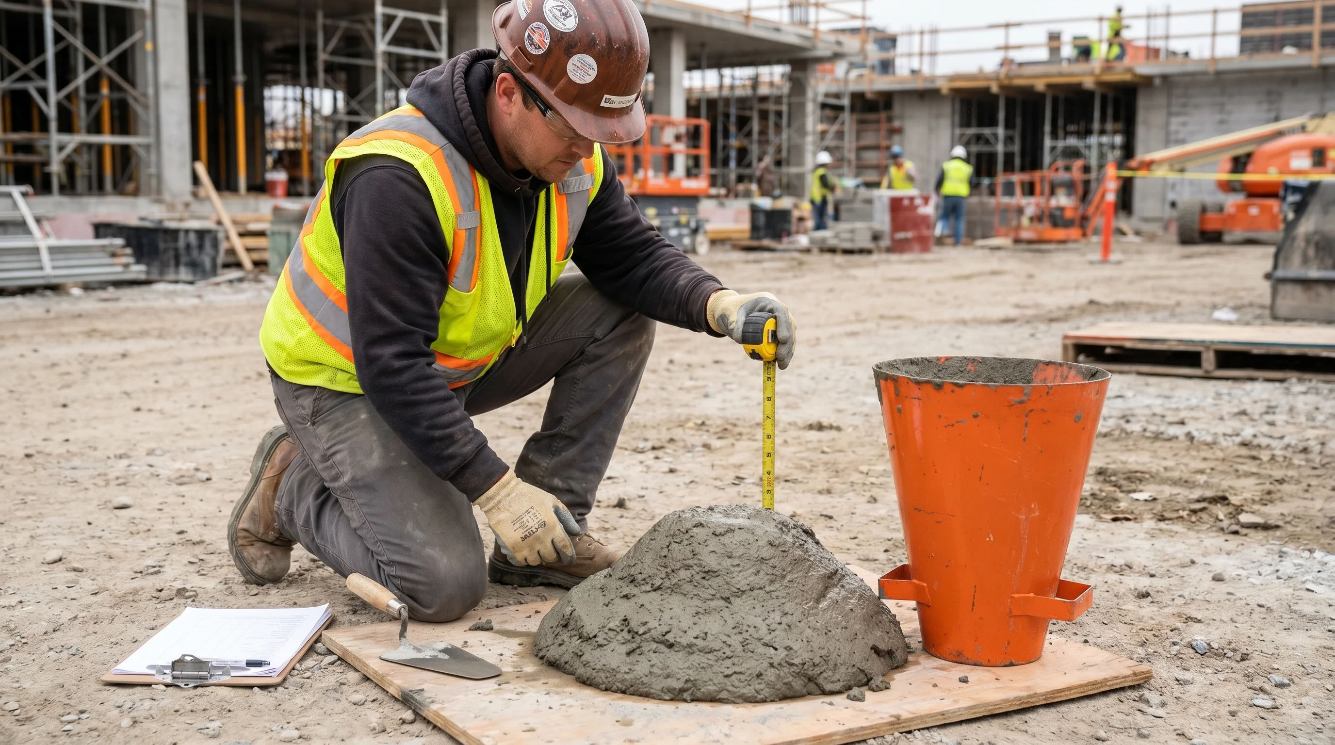 Worker performing a concrete slump test, orange slump cone on flat surface with a freshly removed cone beside a collapsed concrete mound, measuring tape visible