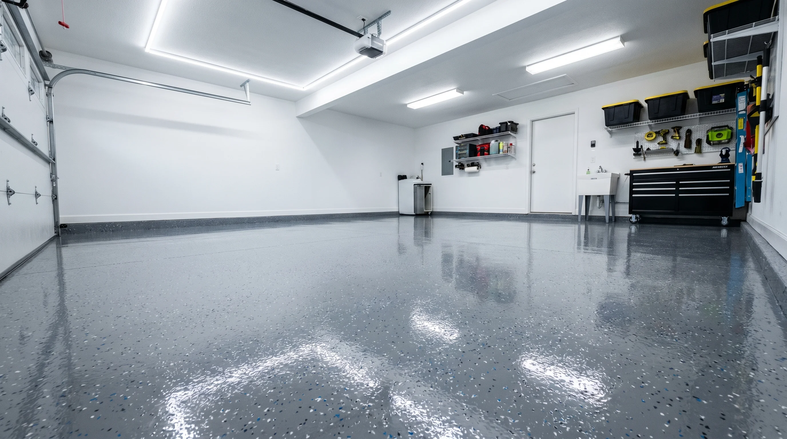 Photorealistic wide-angle view of a two-car garage interior with a freshly painted glossy gray epoxy floor coating, clean white walls, bright overhead lighting, decorative color flakes visible in the epoxy surface