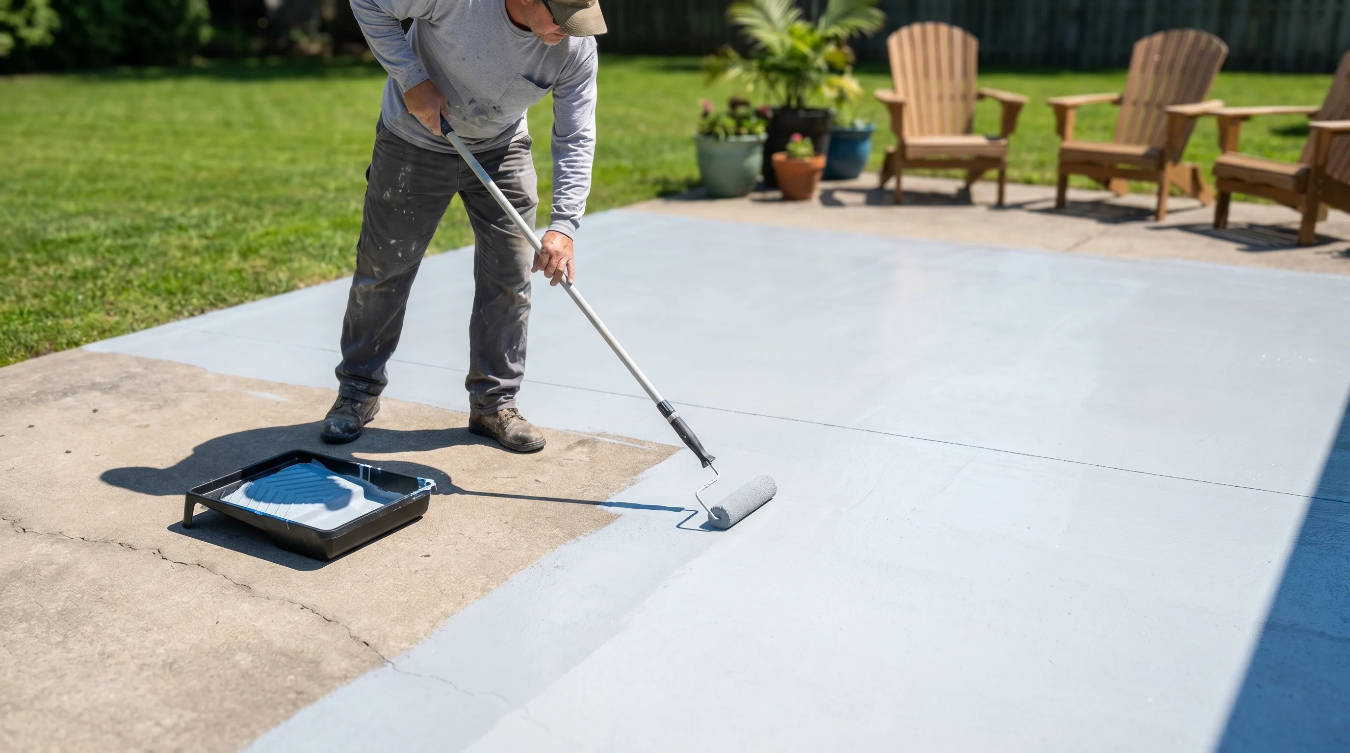 Homeowner rolling a coat of light gray concrete paint onto a backyard patio slab with a long-handled roller on a sunny day, wet paint edge visible, roller tray beside them