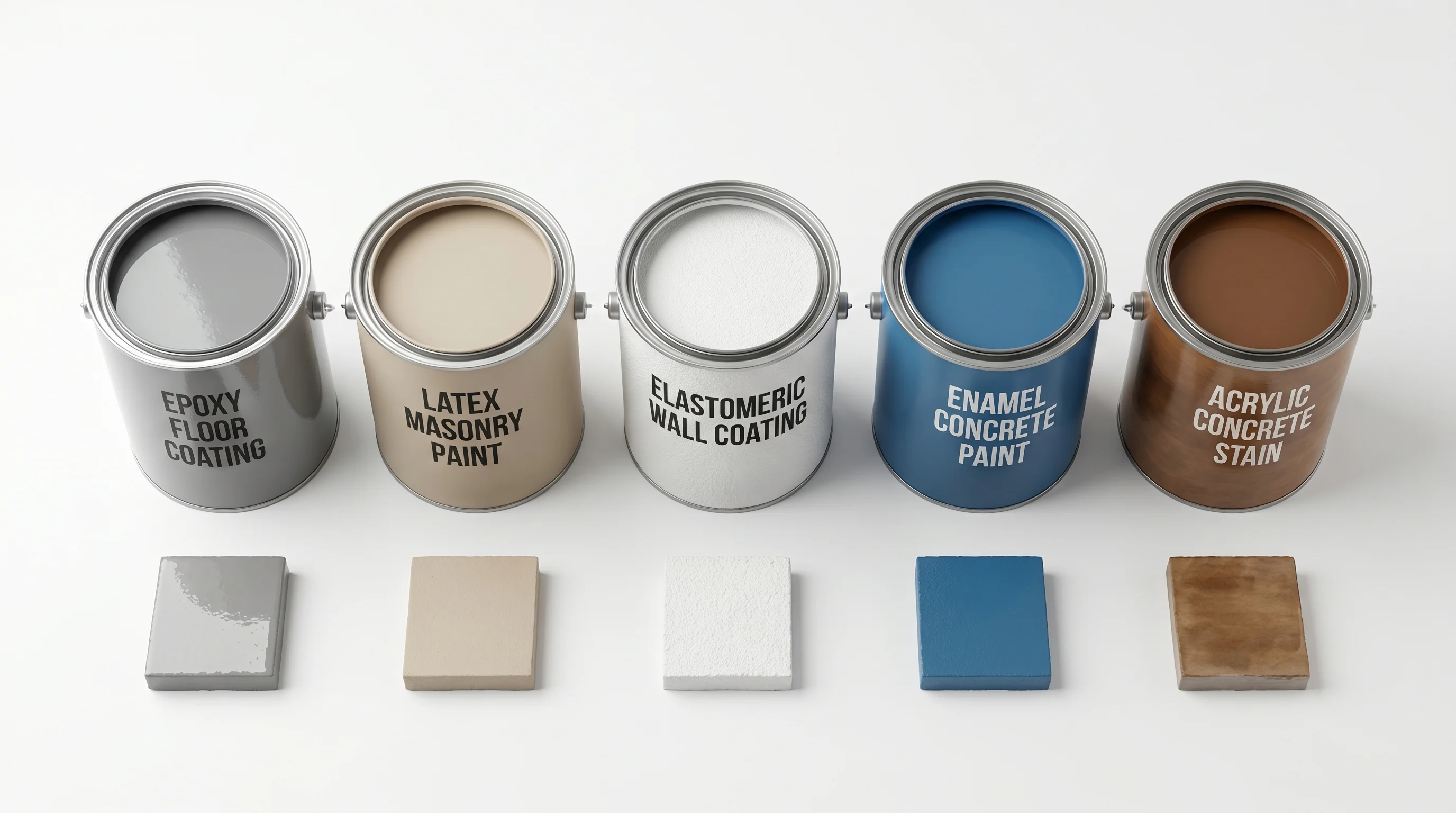 Flat-lay product shot on a clean white surface showing five different concrete paint cans side by side with small painted concrete swatches showing different finishes