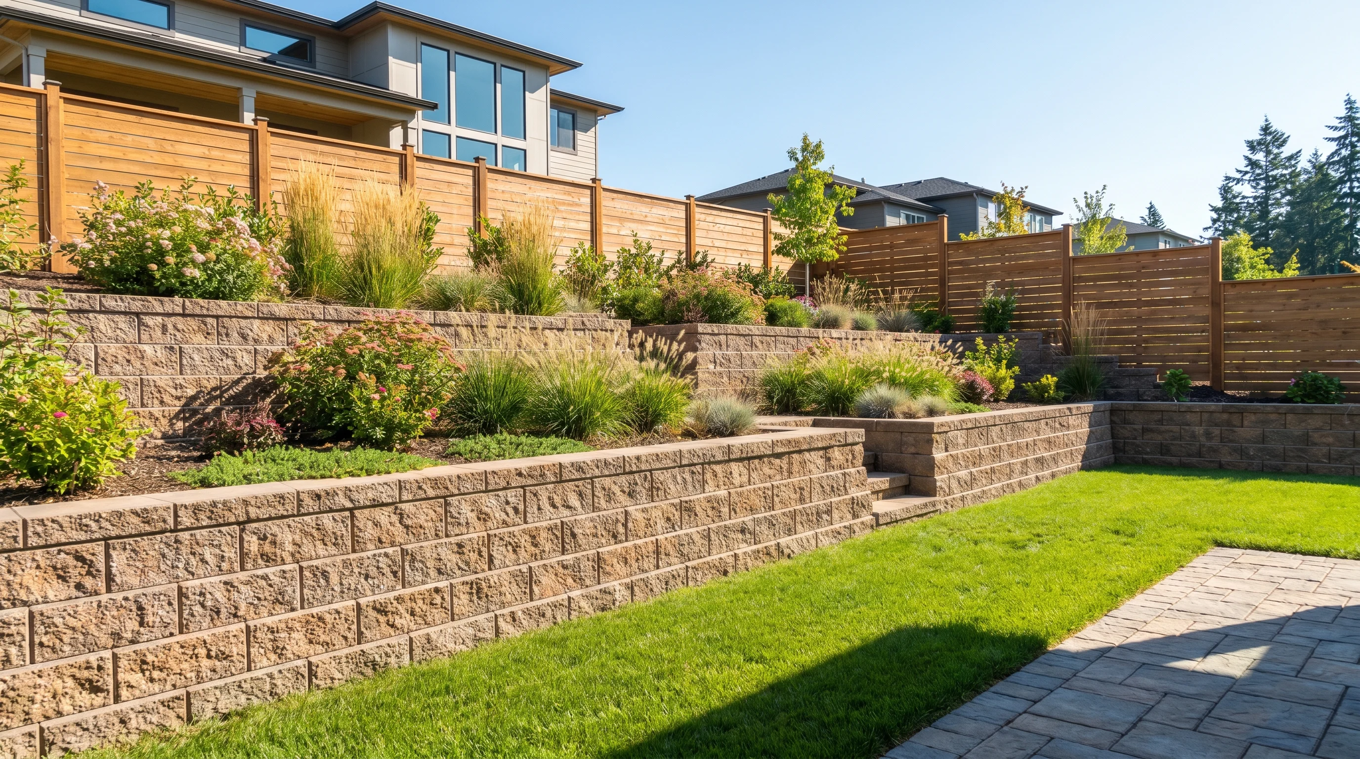 Finished segmental retaining wall built with interlocking concrete blocks in a residential backyard, stepped terraces with plants in retained area, clean modern look