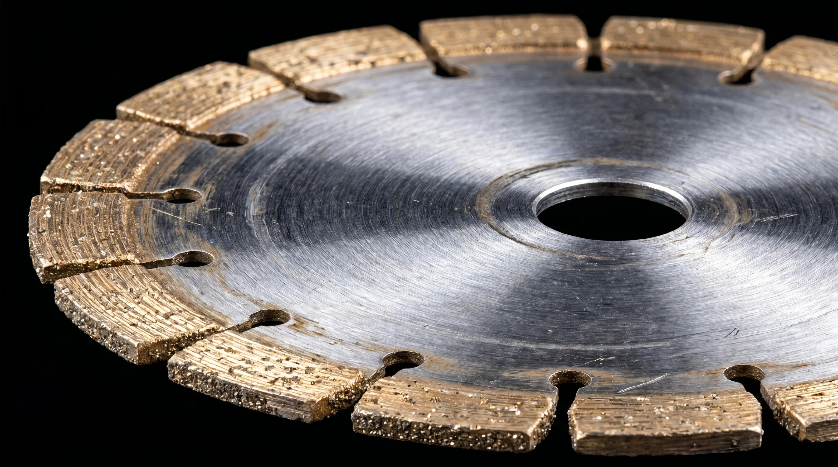 Extreme close-up of a 14-inch segmented diamond concrete cutting blade showing the steel core, gullets, and raised diamond segments with visible bond matrix