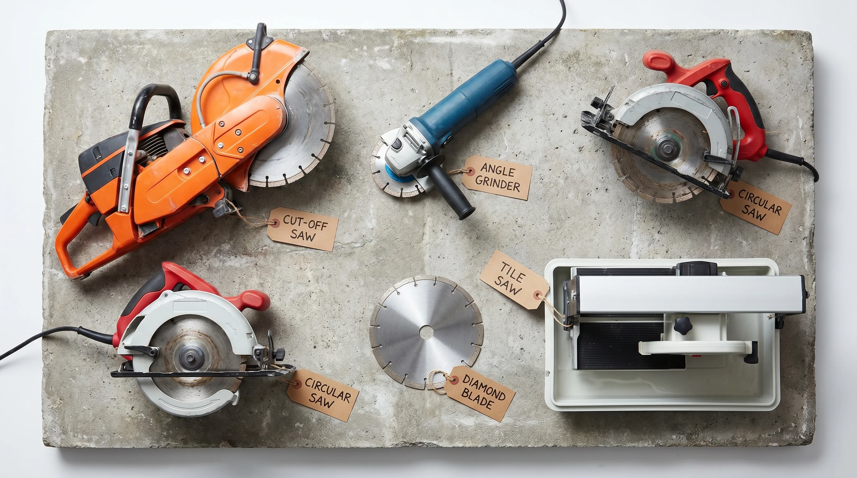 Flat lay of five concrete cutting tools on rough concrete — handheld cut-off saw, angle grinder with diamond blade, circular saw with masonry blade, loose diamond blade, and tile saw