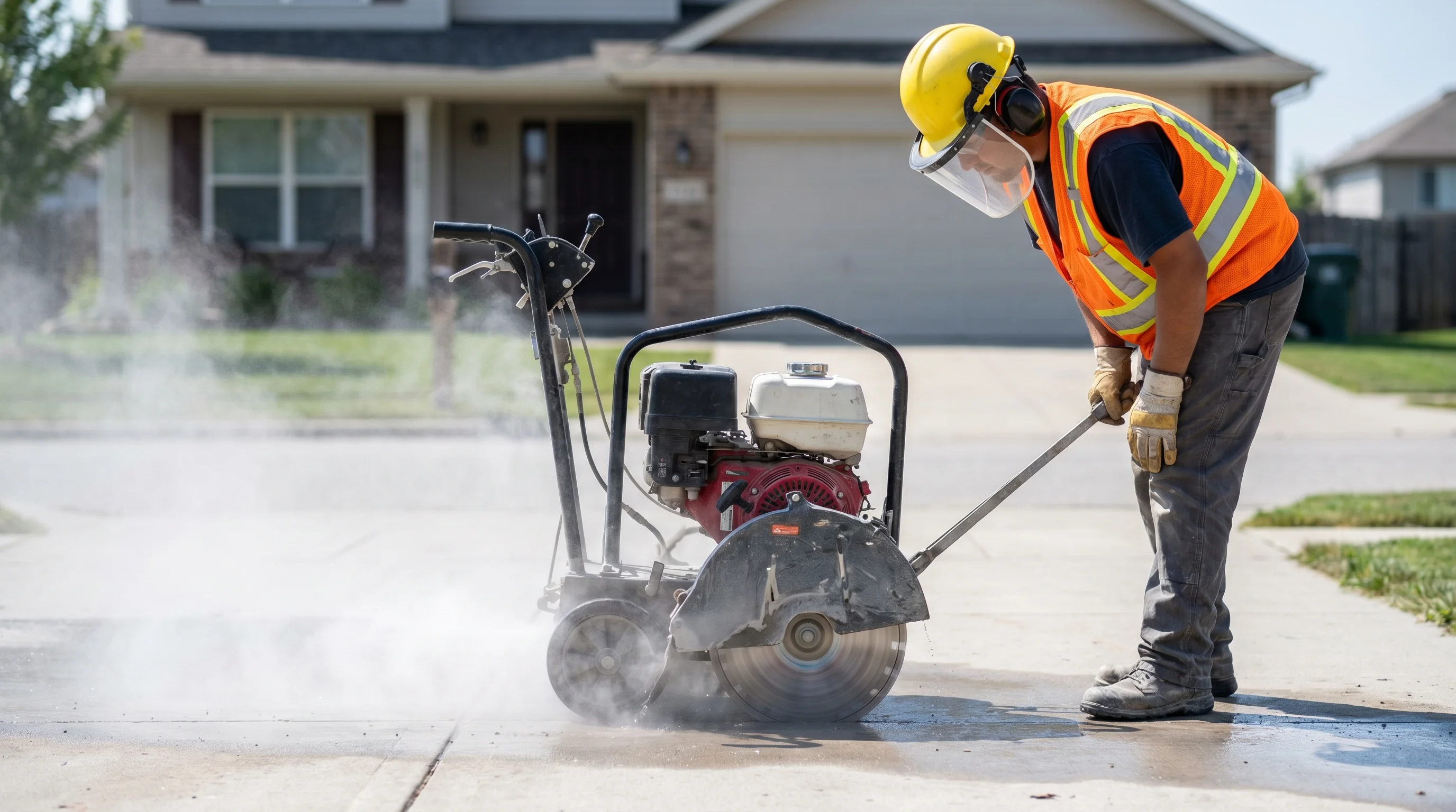 Worker in full PPE operating a gas-powered walk-behind concrete saw cutting a joint line in a residential driveway, water mist visible around the diamond blade