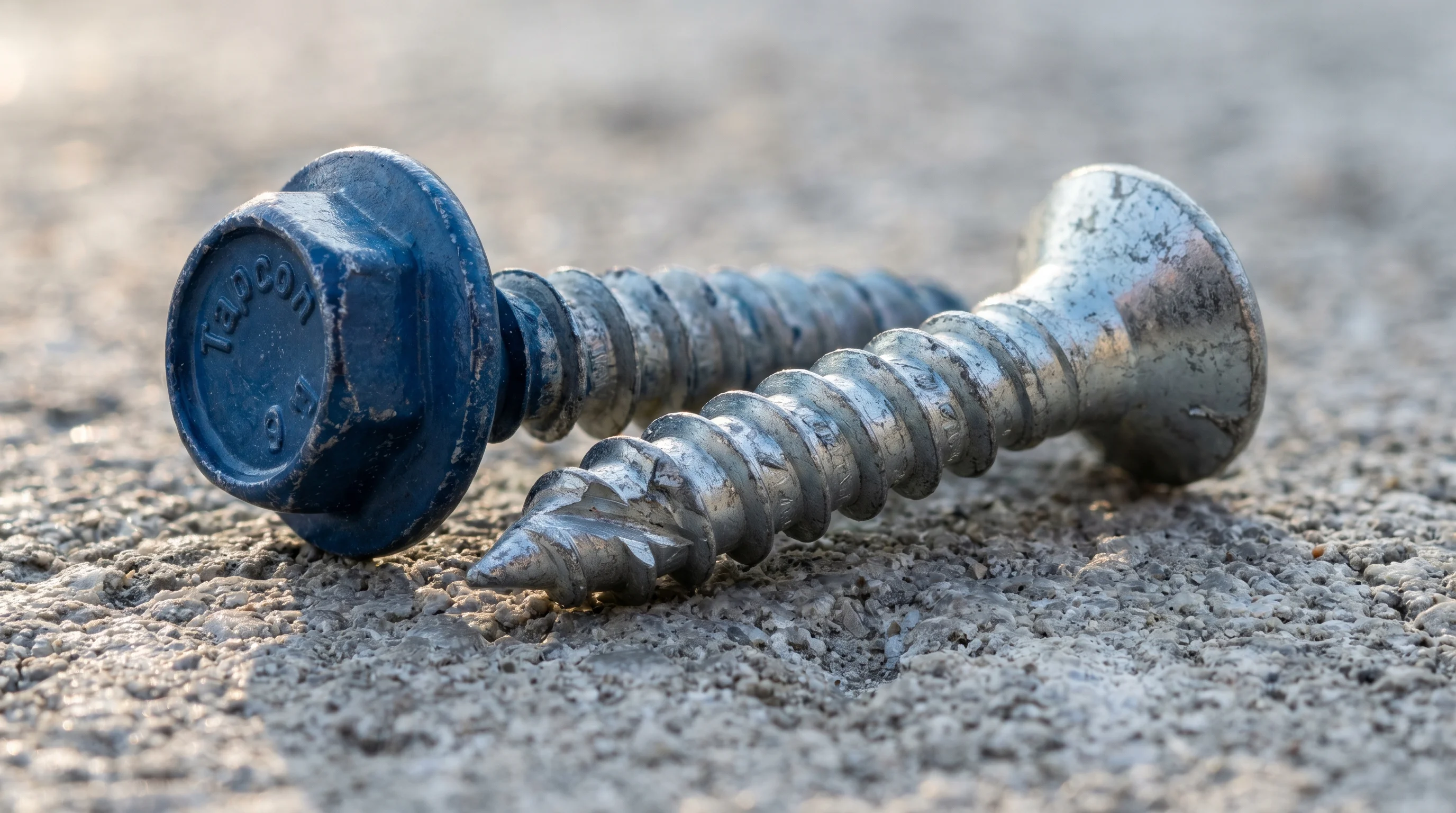 Macro close-up of a blue Tapcon hex washer head and flat countersunk Phillips concrete screw on rough gray concrete, showing hi-lo thread pattern and cutting flutes near the tip