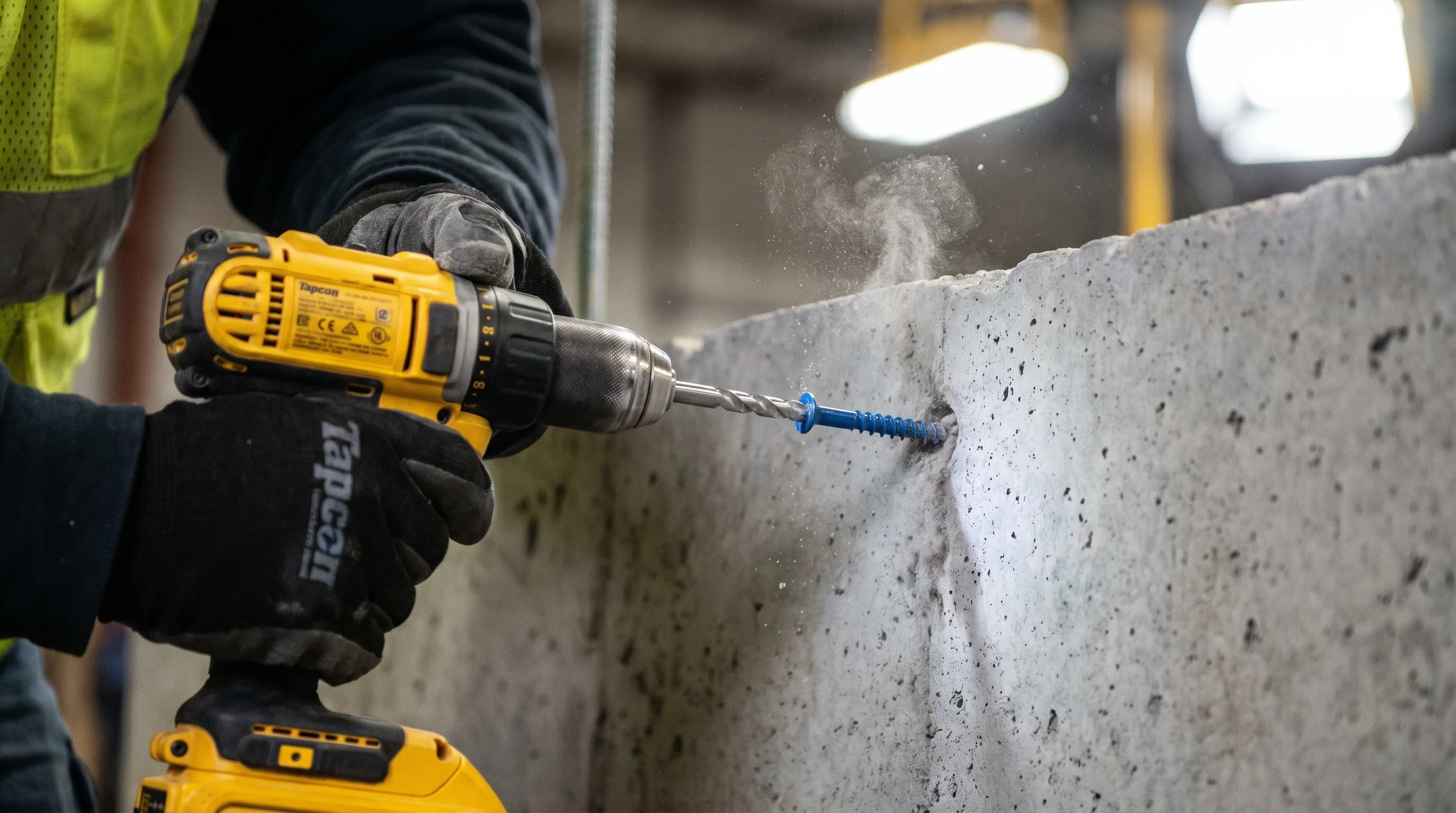 Worker driving a blue Tapcon concrete screw into a gray concrete slab with a cordless drill, concrete dust visible around the hole