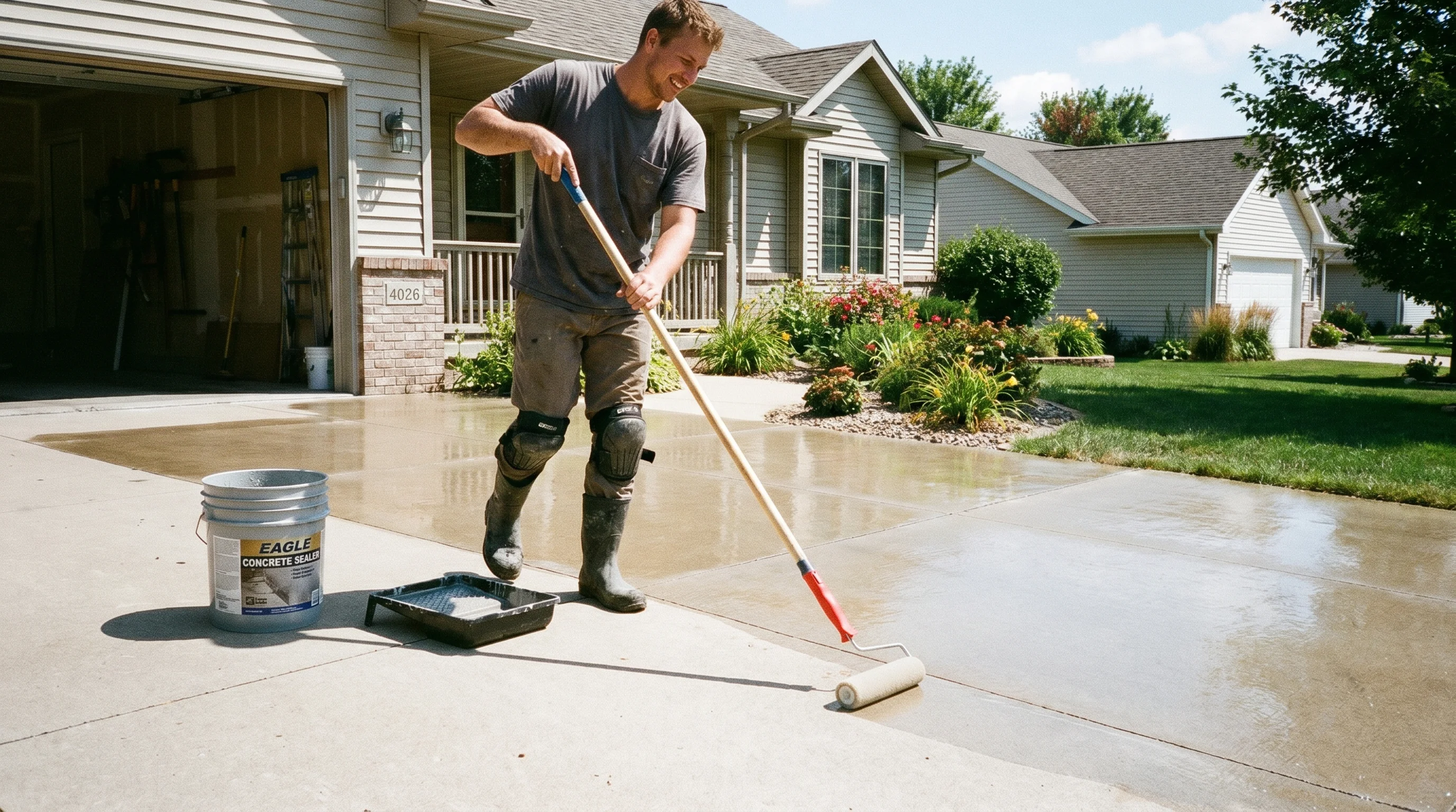 Person in work clothes using a paint roller to apply clear concrete sealer on a residential driveway on a sunny day with wet sealer visible on the gray concrete surface