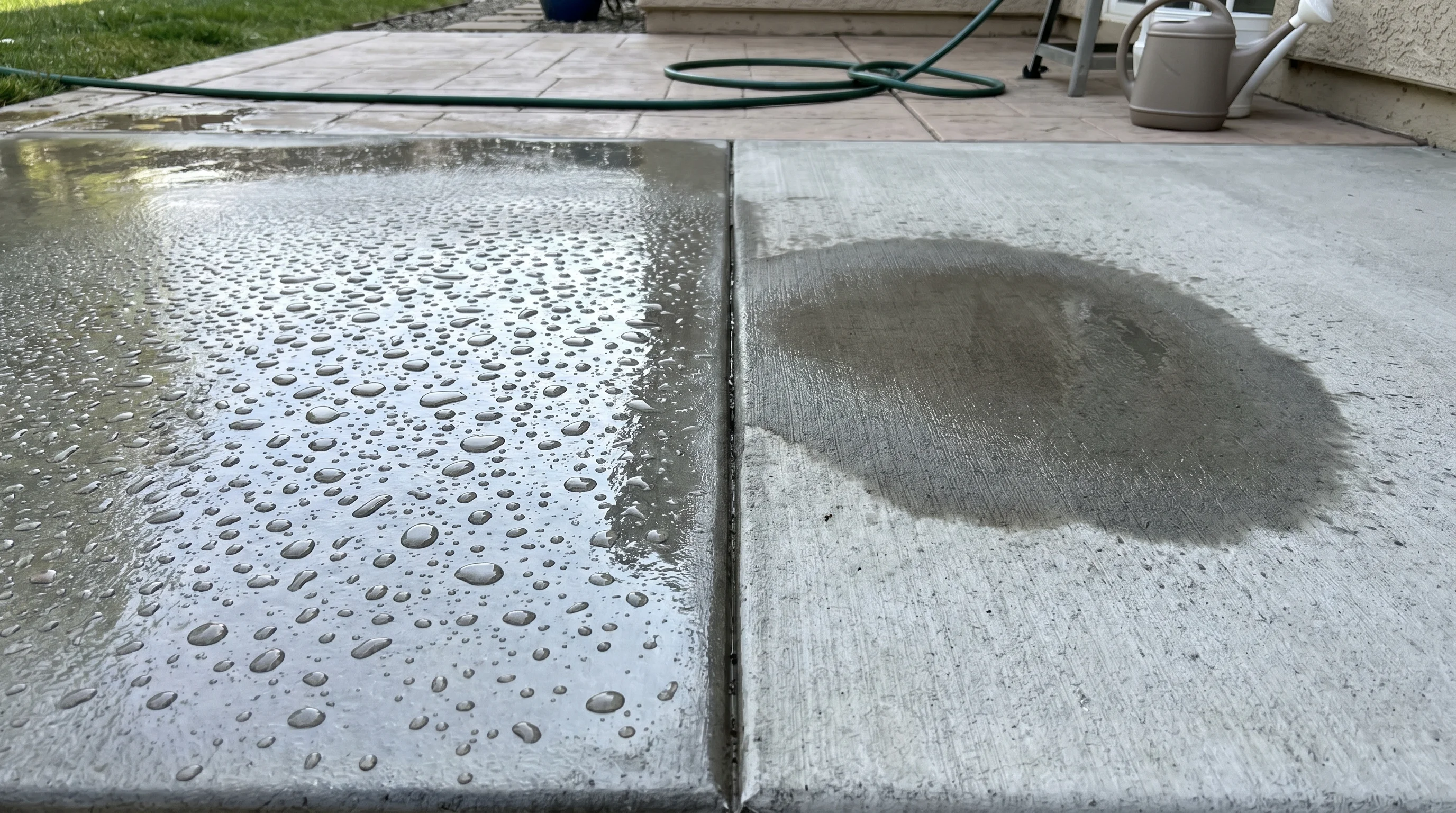 Side-by-side comparison of unsealed concrete on the left showing water absorbed into the surface versus sealed concrete on the right showing water beading into droplets