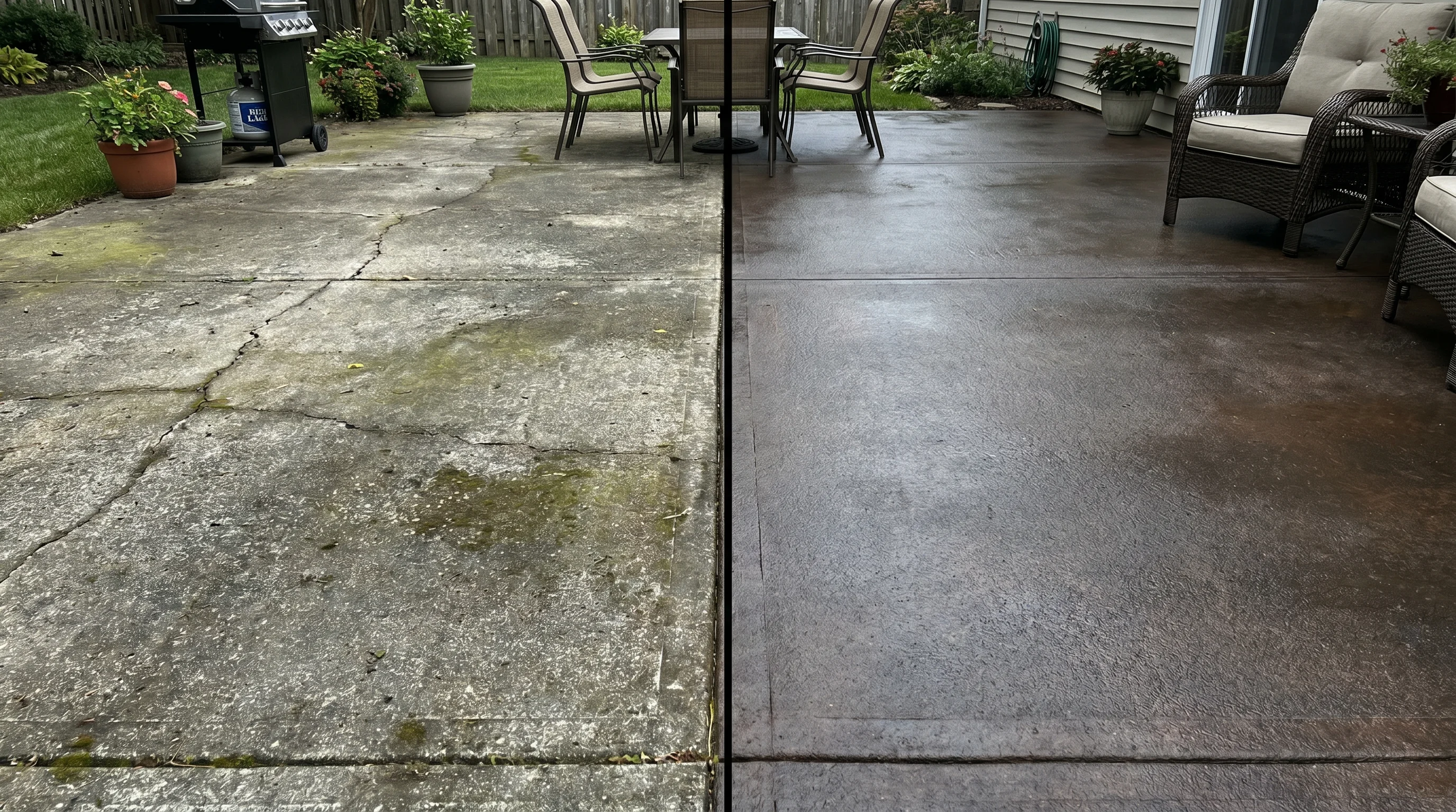 Before and after split of a concrete patio — left dull unsealed gray concrete, right same surface with rich enhanced finish and subtle wet-look sheen after sealing
