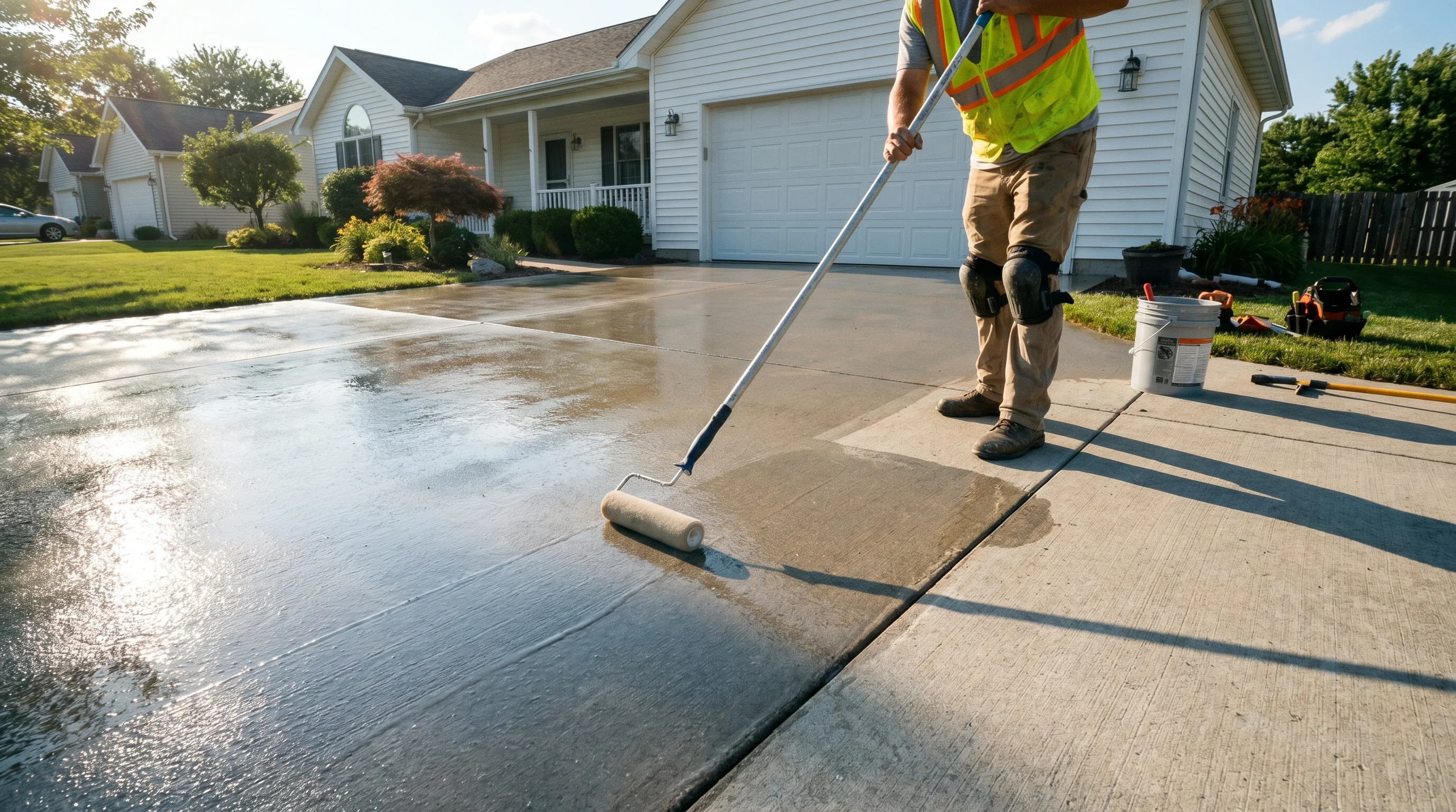 Professional contractor applying clear concrete sealer to a residential driveway with a long-handled roller, wet sealer visible on gray concrete surface, sunny day