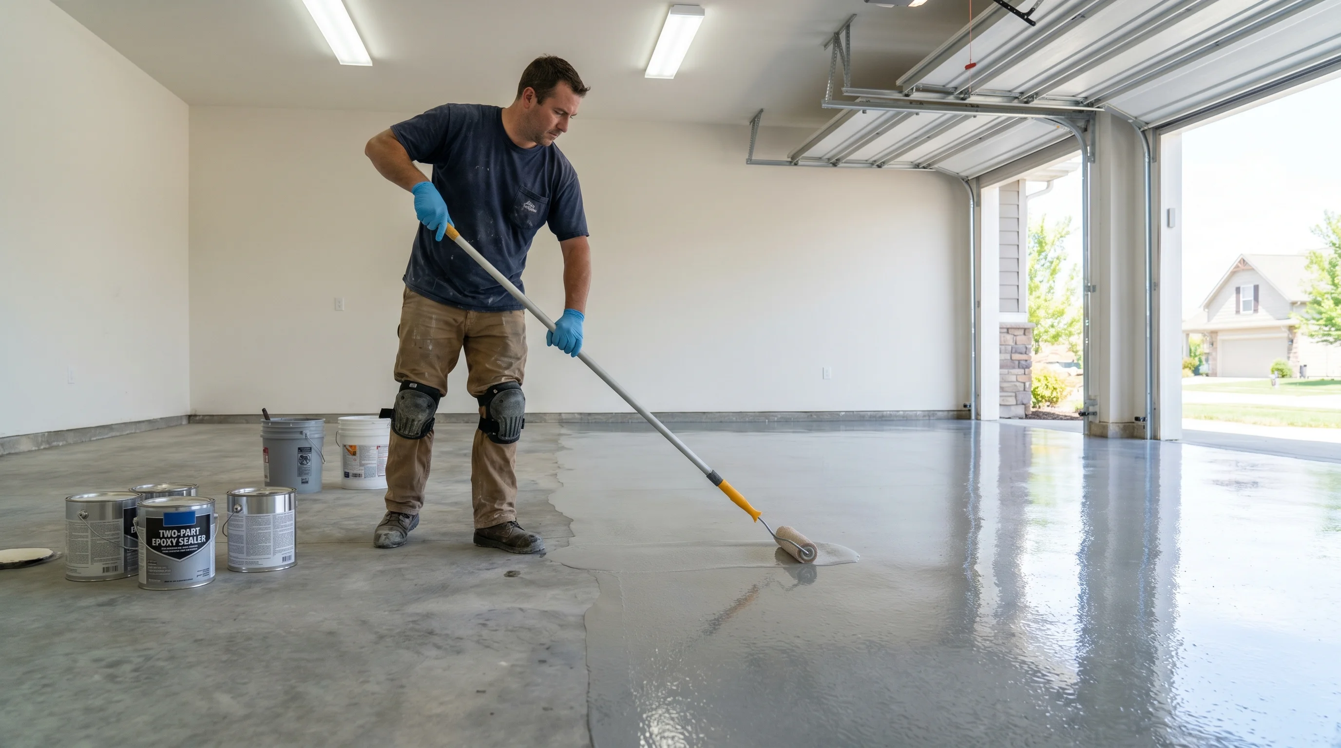 Professional applying two-part epoxy sealer coating to a residential garage floor with a roller, glossy surface visible where already applied, bright overhead lighting