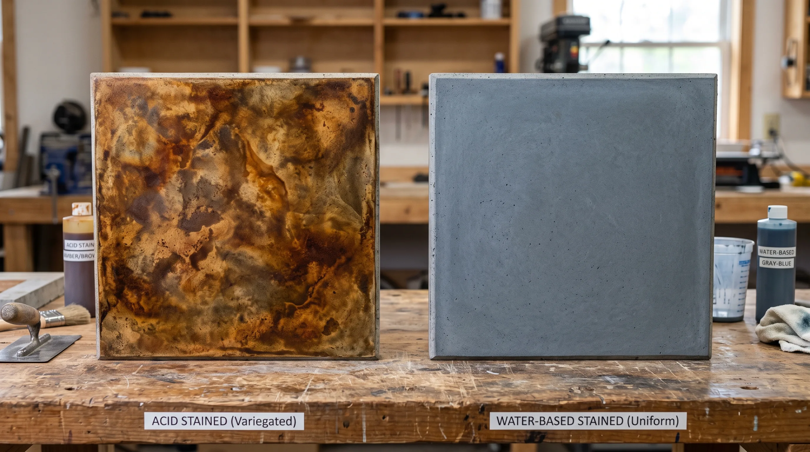 Side-by-side comparison of two concrete sample slabs — left slab showing mottled amber and brown acid-stained finish, right slab showing a uniform solid gray-blue water-based stain finish