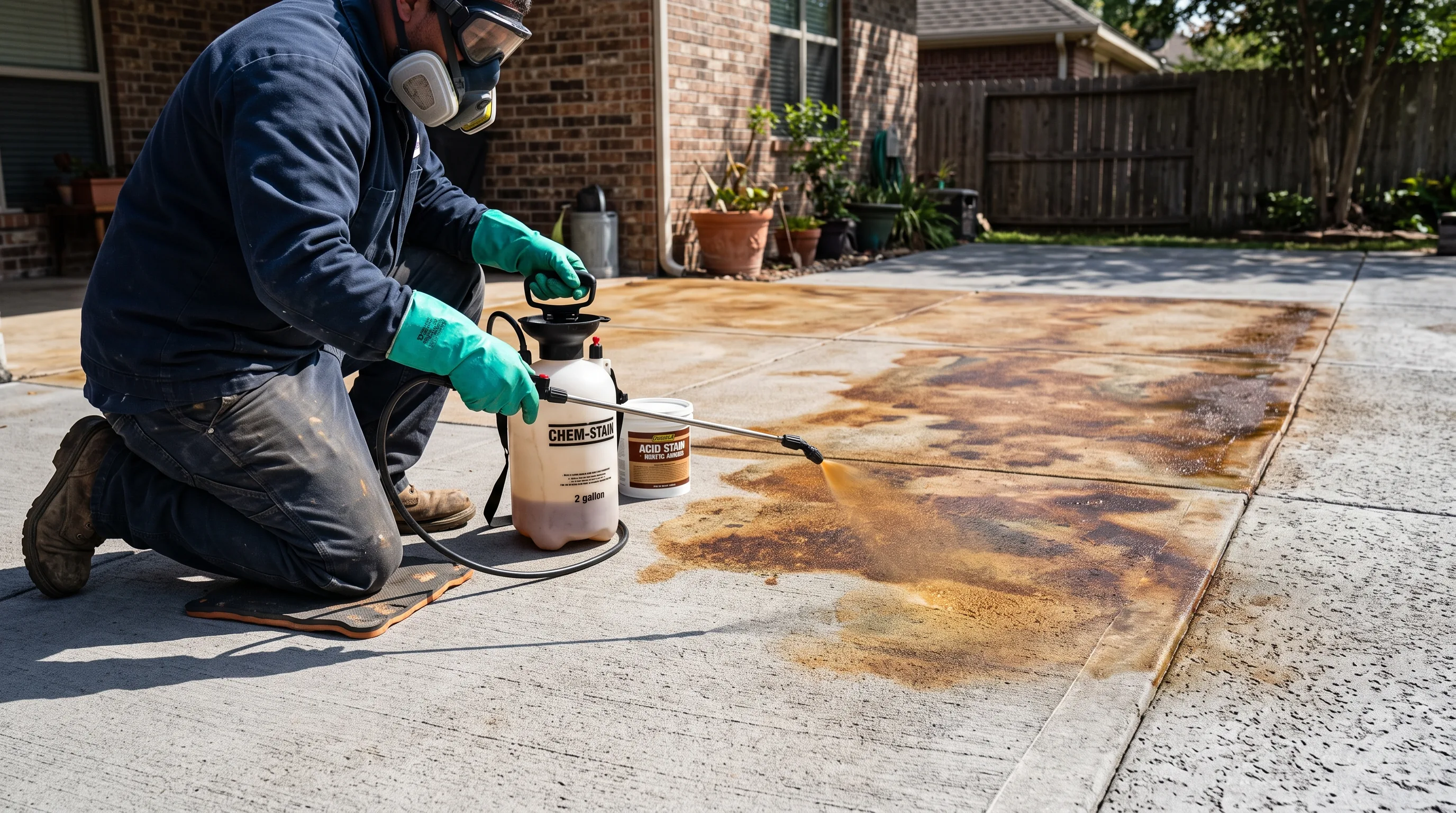 Person wearing chemical-resistant gloves and goggles spraying acid stain onto a concrete patio floor with a low-pressure pump sprayer, mottled color developing on the surface