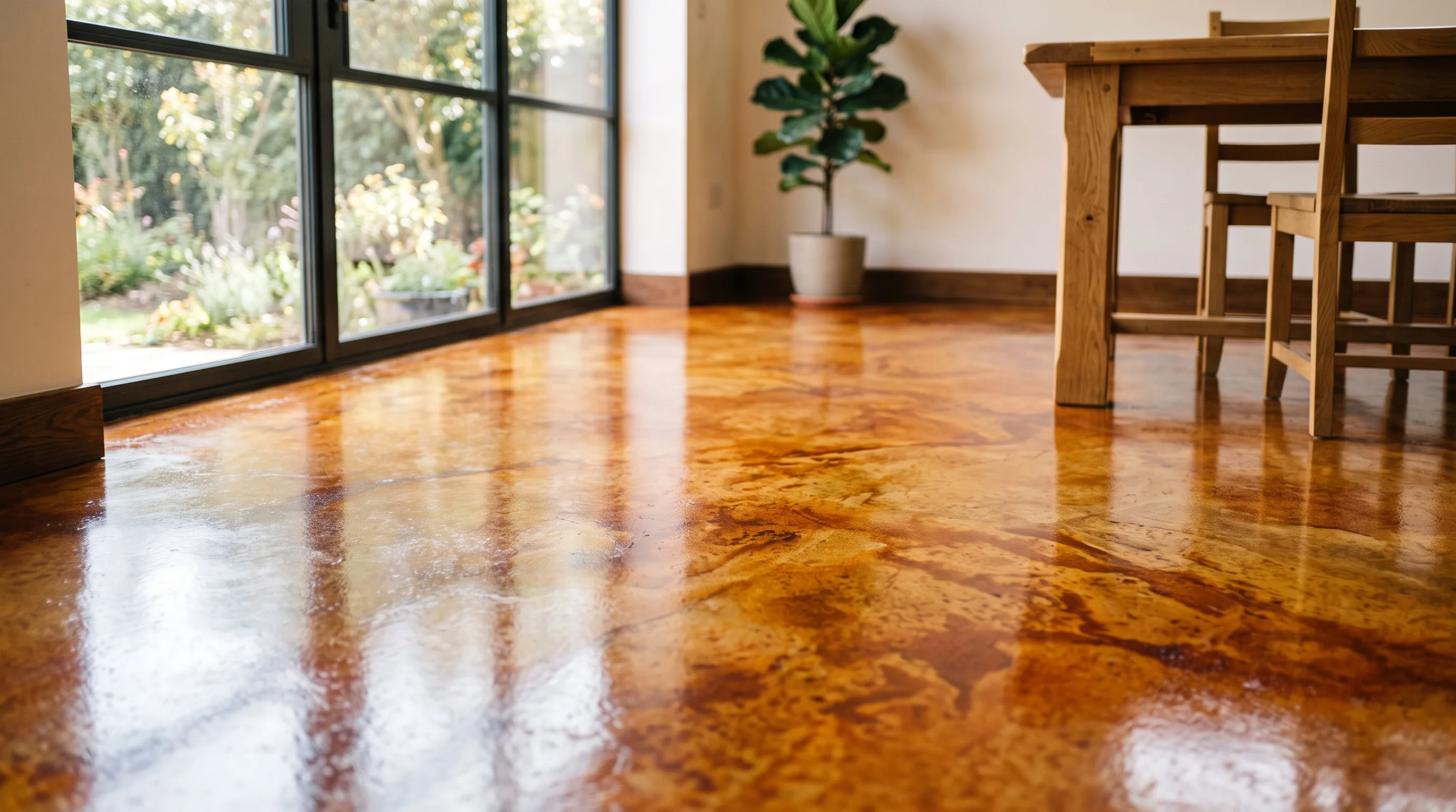 Freshly acid-stained concrete floor with a mottled amber and terracotta variegated finish, wet-look sheen from sealer, natural light from a nearby window