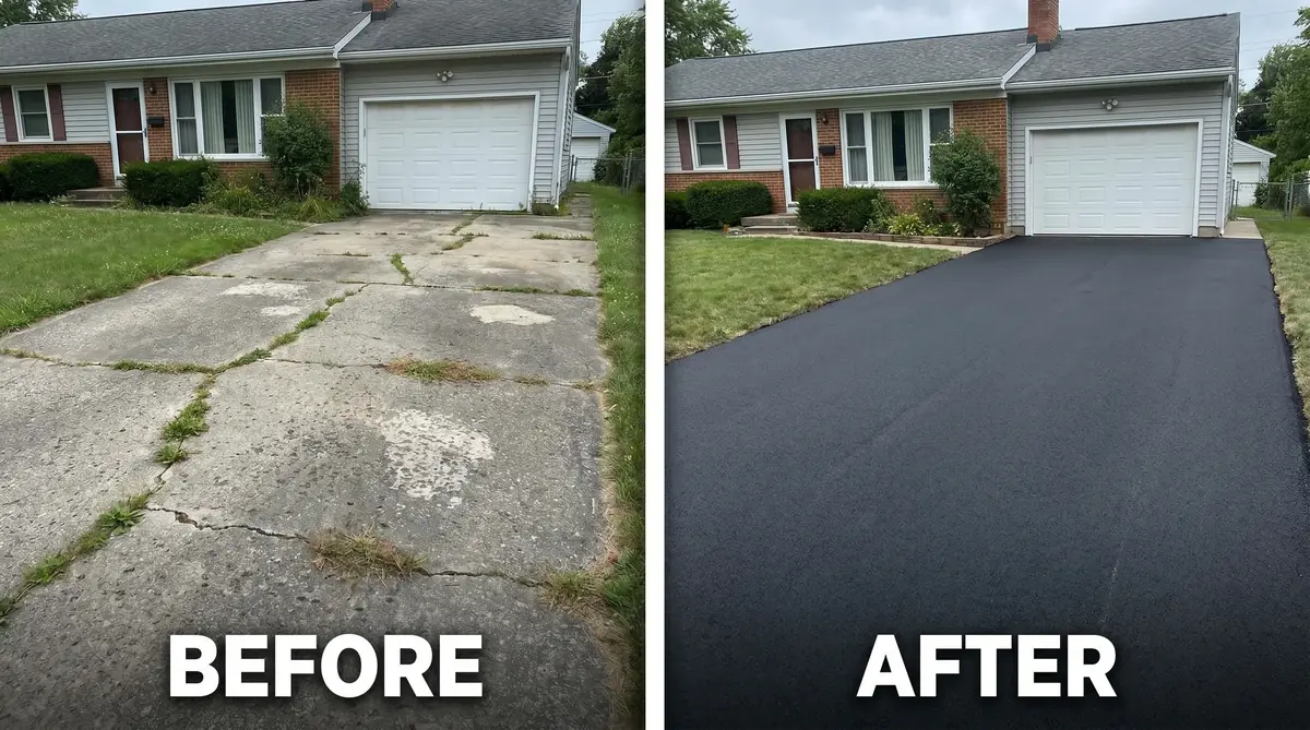 Before and after replacing a concrete driveway with asphalt — old cracked concrete versus new smooth black asphalt