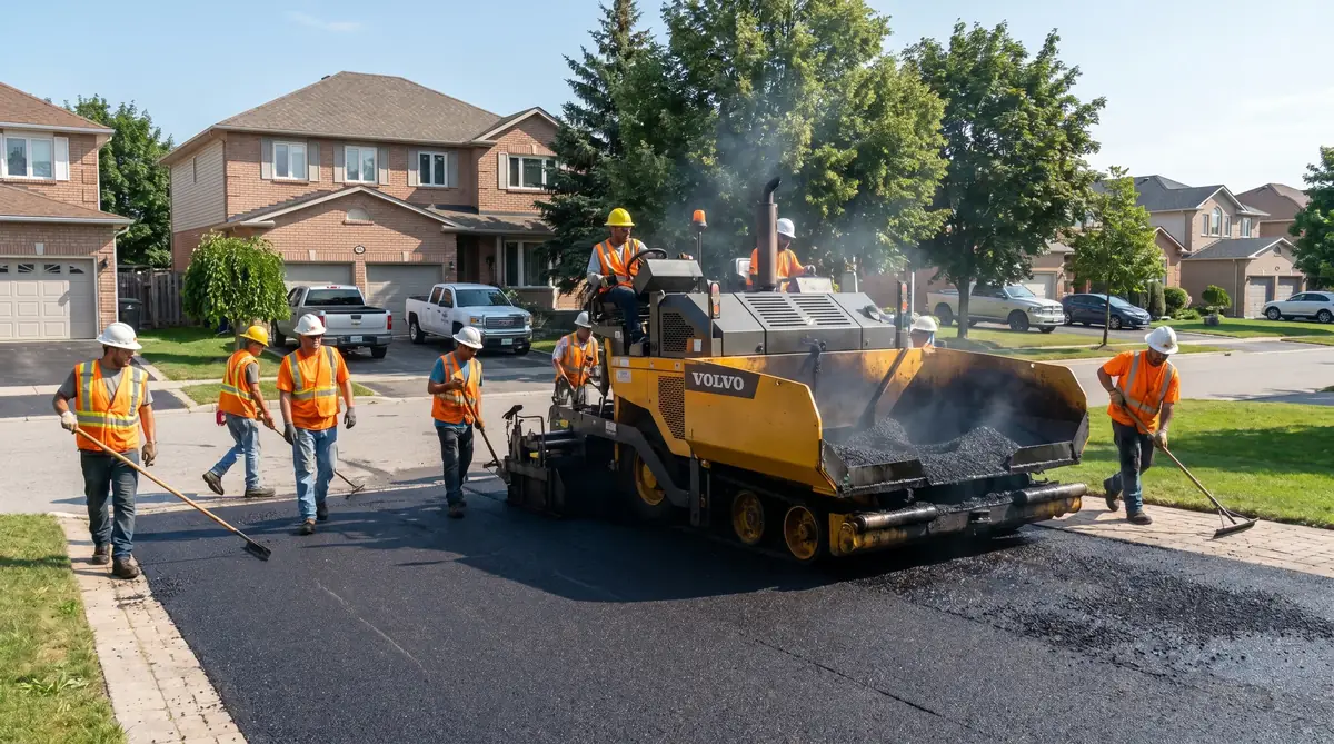 Paving crew replacing an asphalt driveway — laying fresh hot mix asphalt on a residential property