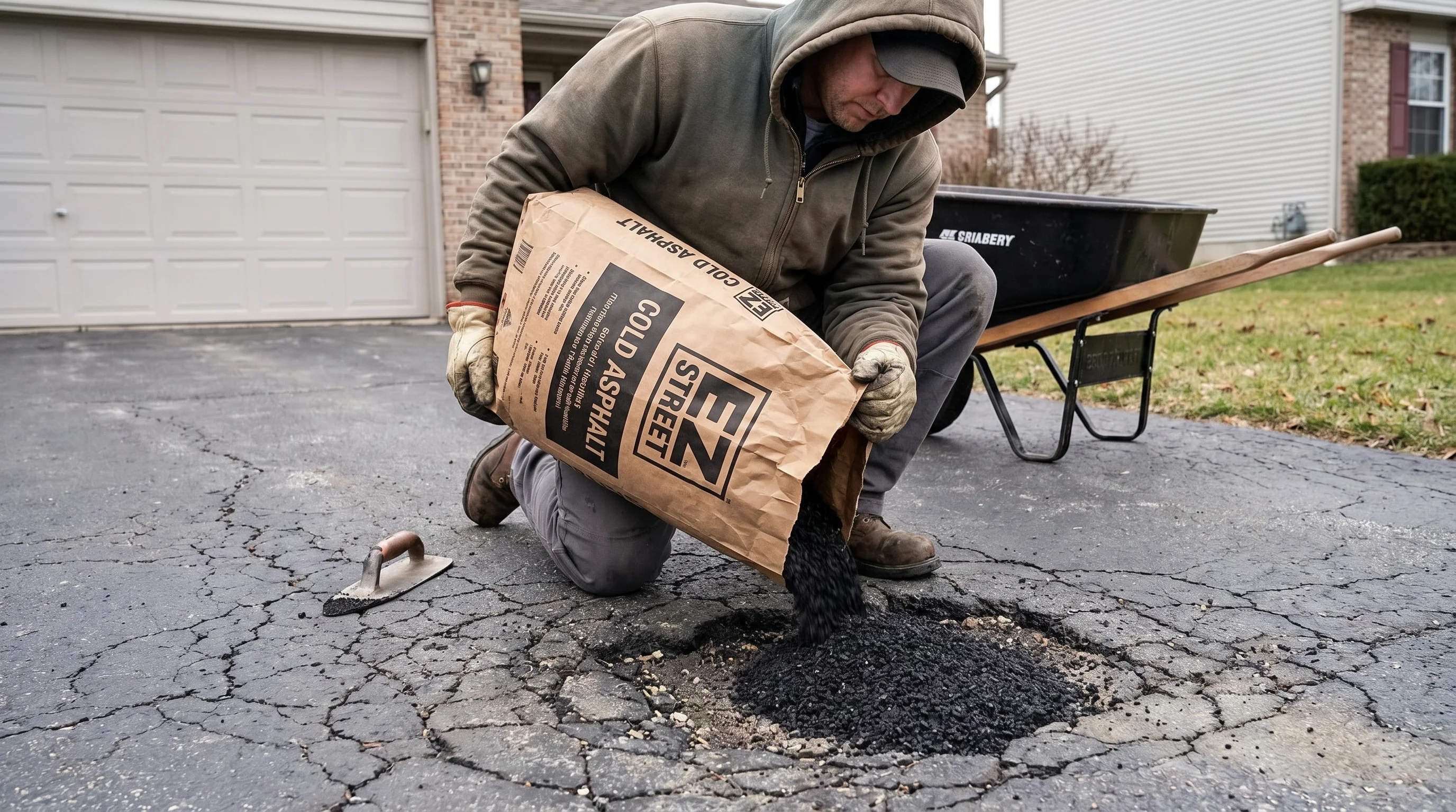 Person wearing work gloves applying cold-mix asphalt from a bag into a pothole in a driveway and tamping it down with a hand tool