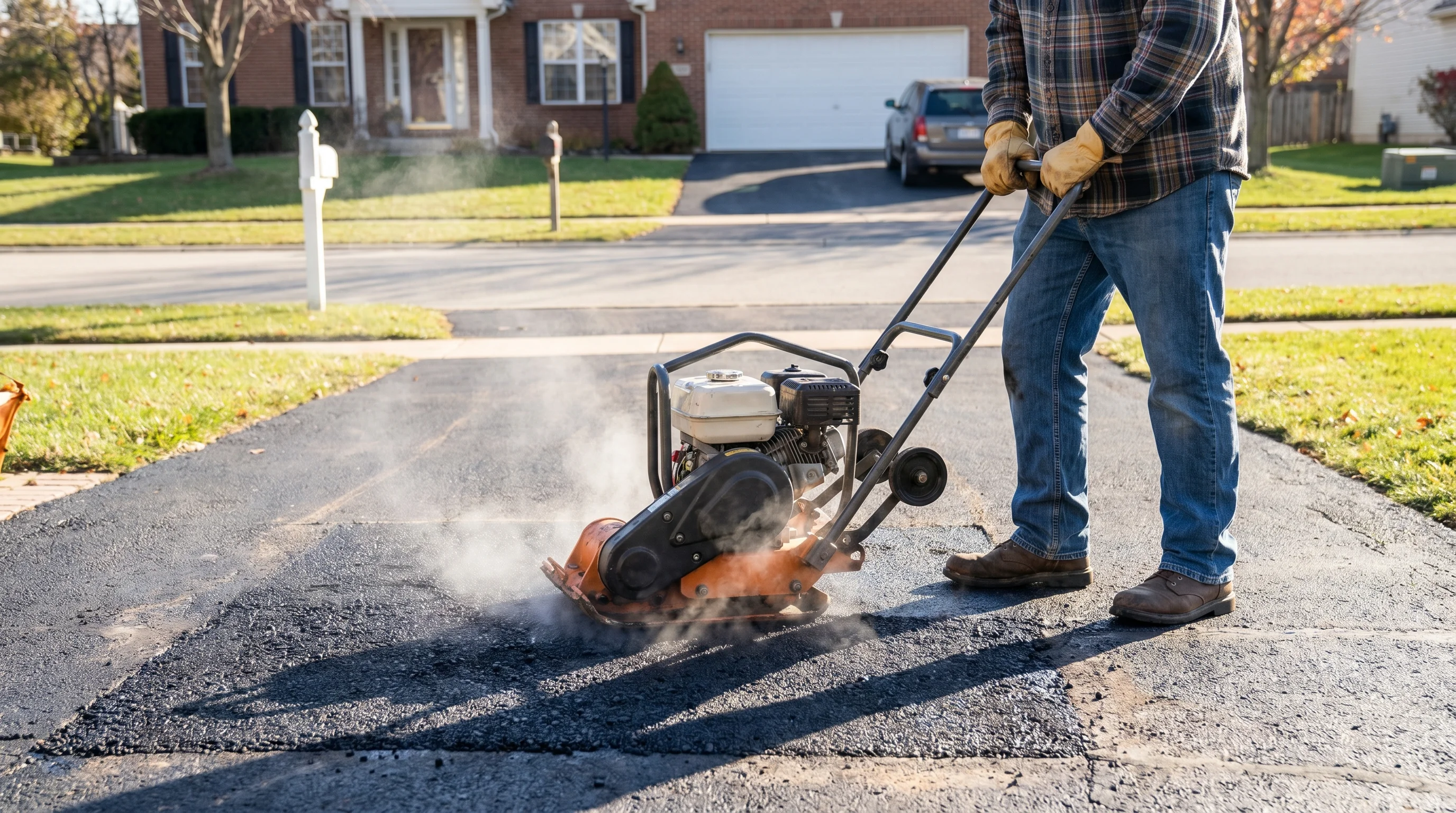 Homeowner in work boots operating a plate compactor on a freshly laid dark asphalt driveway surface on a sunny afternoon