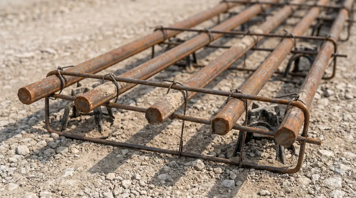 Steel dowel bar basket assembly positioned on sub-base before concrete pour showing parallel bars at uniform spacing with rebar chairs