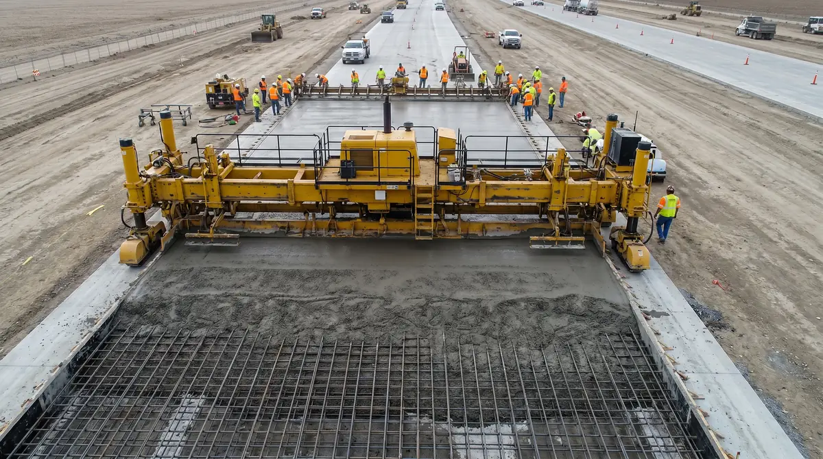Slip-form concrete paver laying continuously reinforced concrete pavement on a highway with rebar mat visible in the foreground