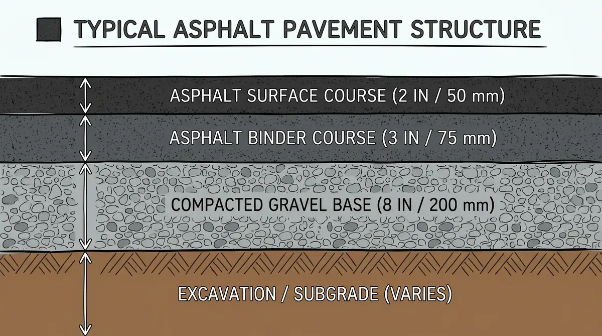 Cross-section diagram of asphalt driveway layers: subgrade soil, compacted gravel base, and asphalt surface