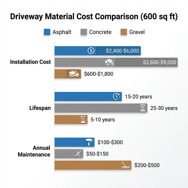 Asphalt vs concrete vs gravel driveway cost comparison chart - installation cost, lifespan, and annual maintenance for 600 sq ft driveway