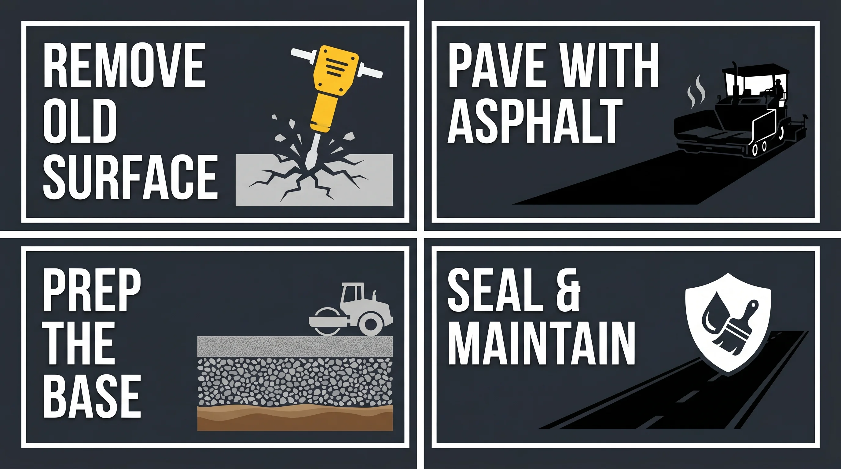 Four steps to replace a driveway with asphalt: remove old surface, prep the base, pave with asphalt, seal and maintain