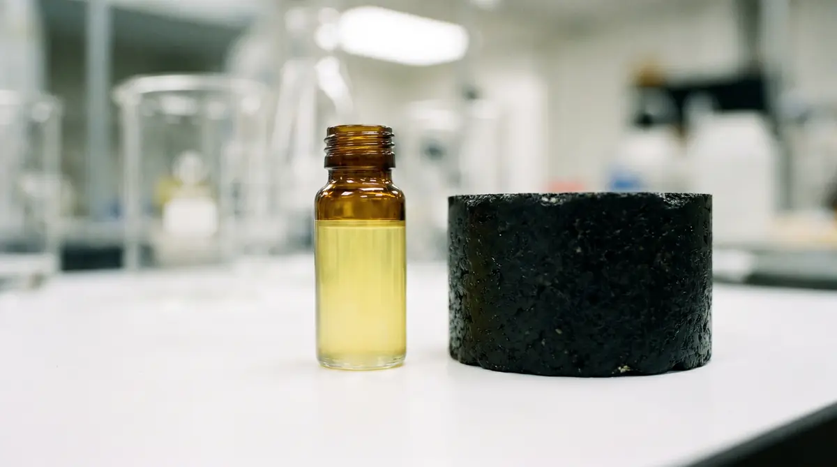 Vial of epoxidized soybean oil modifier next to asphalt core sample on a laboratory bench