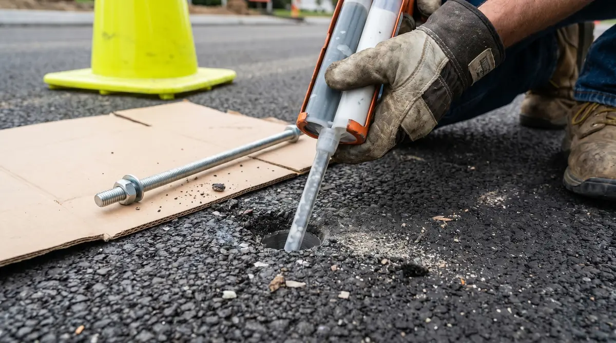 Worker's gloved hands injecting two-part epoxy from cartridge gun into freshly drilled hole in black asphalt pavement with threaded rod ready for insertion