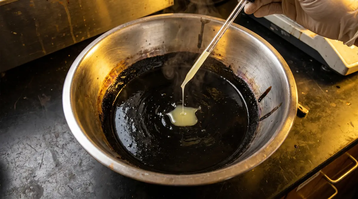 Hot asphalt binder in a stainless steel mixing bowl with bio-based ESO modifier being added by pipette