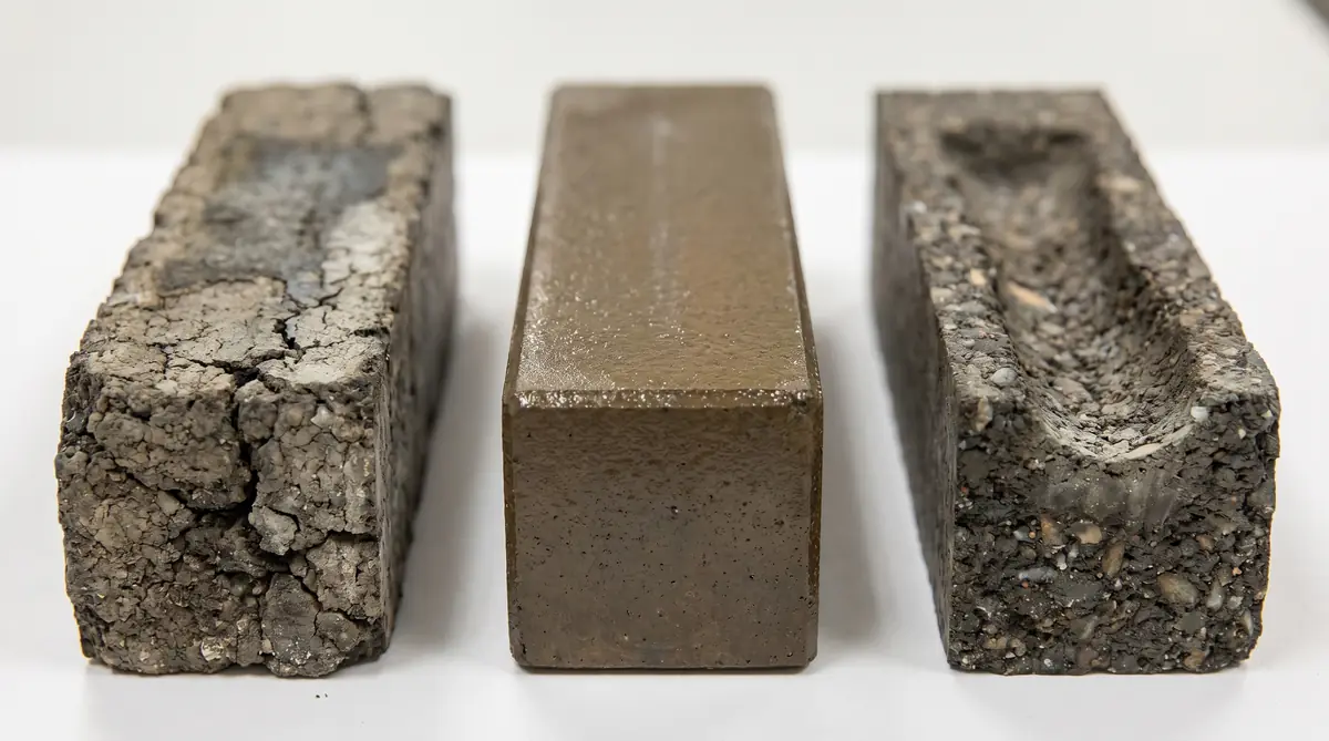 Three asphalt beam specimens showing cracked control, intact ESO-modified, and rutted unmodified samples