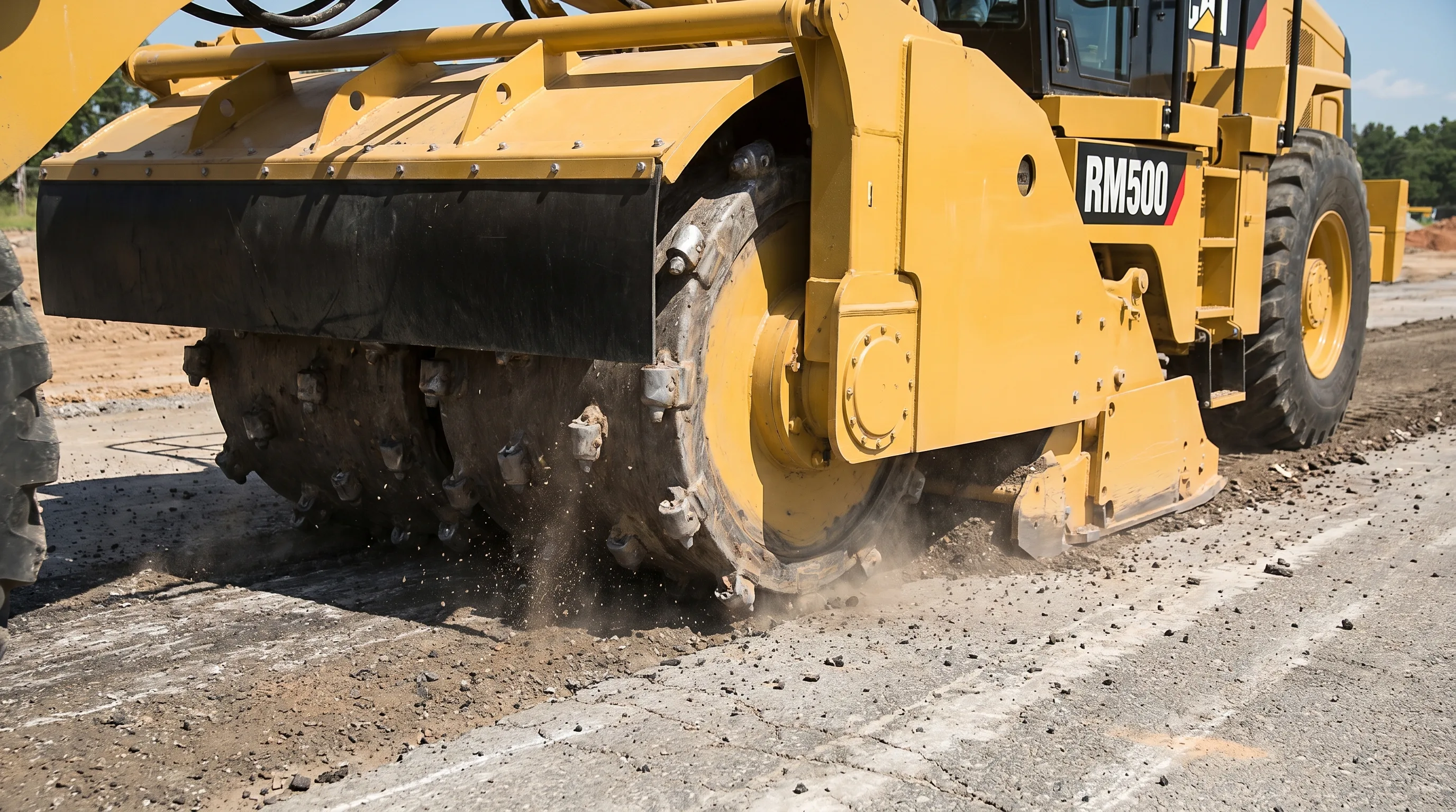 Close-up of a large Wirtgen reclaimer stabilizer machine cutting into a deteriorated asphalt road surface showing the rotating drum and water injection system