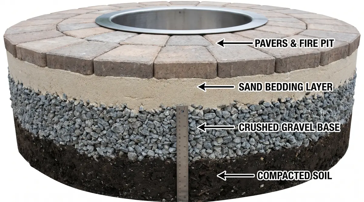 Cross-section showing fire pit patio base construction layers: compacted soil, crushed gravel base, sand bedding layer, and pavers on top