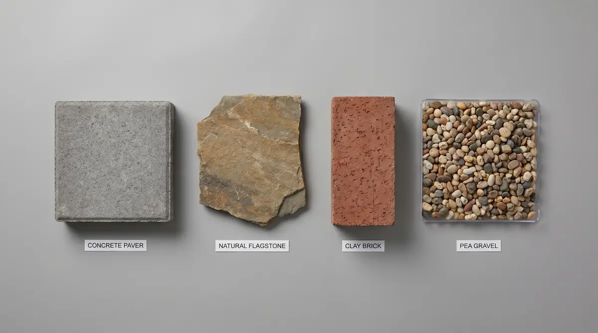 Four fire pit paving material samples: concrete paver, natural flagstone, clay brick, and pea gravel — flat lay comparison with labels on neutral background