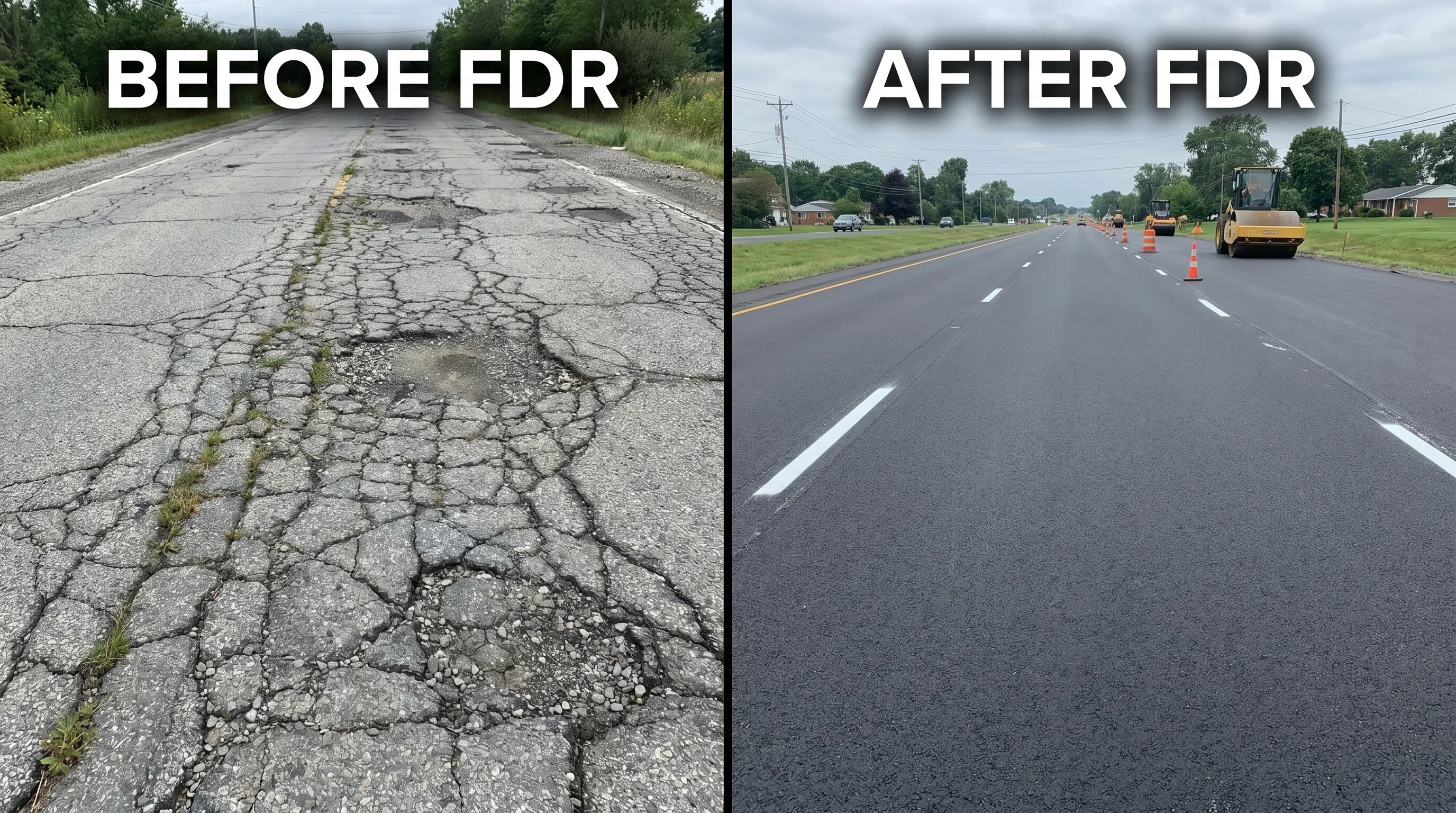 Split image showing a severely alligator-cracked deteriorated road before full depth reclamation on the left and a smooth freshly overlaid road after FDR on the right