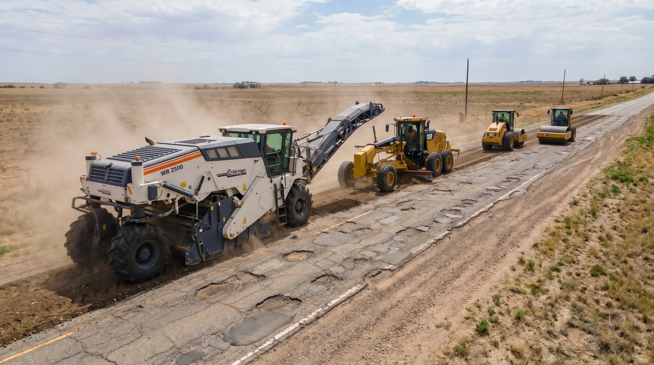 Aerial view of a full depth recycling asphalt train in operation on a deteriorated road with reclaimer machine followed by grader and compactors