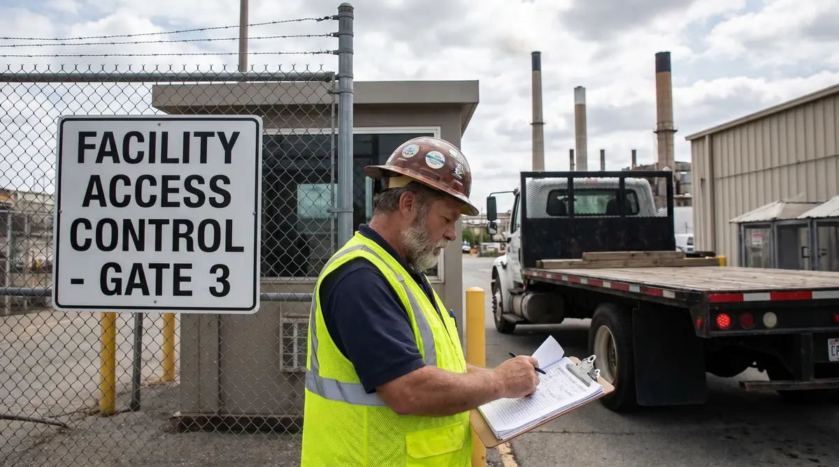 Contractor reviewing hot mix asphalt order checklist on clipboard at plant gate