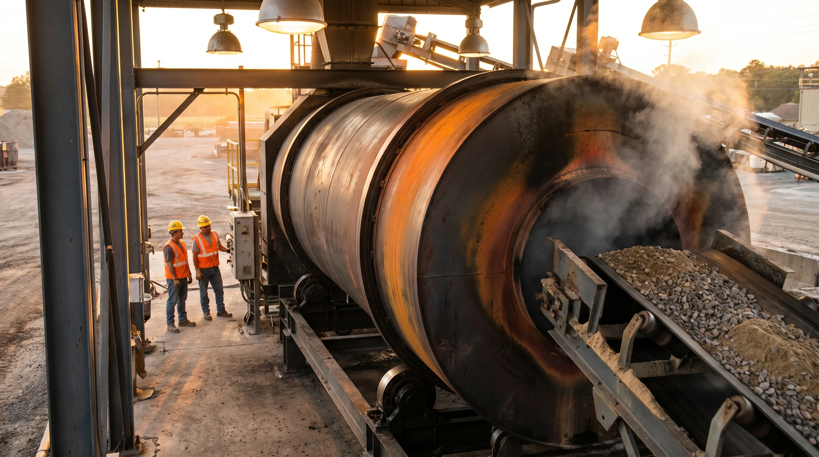 Rotating drum mixer at a hot-mix asphalt plant with steam rising from the outlet and a conveyor belt feeding aggregate into the drum, workers in high-vis vests visible in the background