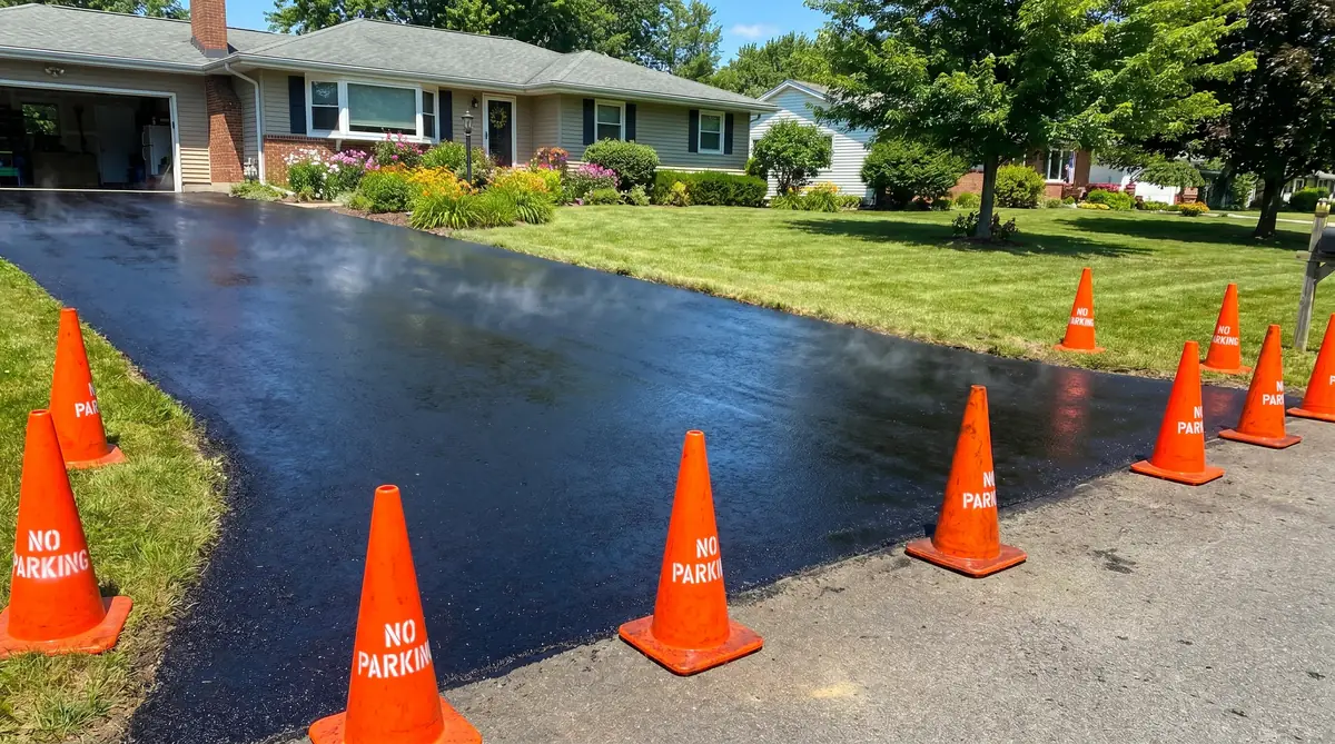 Freshly paved black asphalt driveway with orange no-parking traffic cones lined up on a sunny summer day