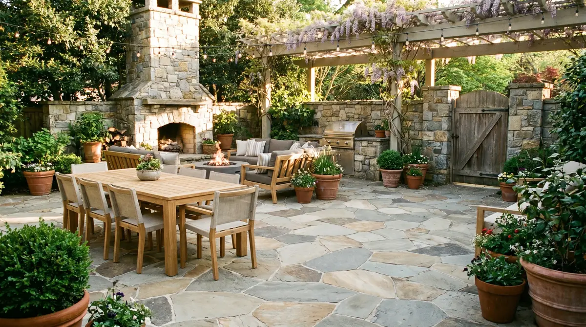 Beautiful flagstone patio with outdoor furniture and garden