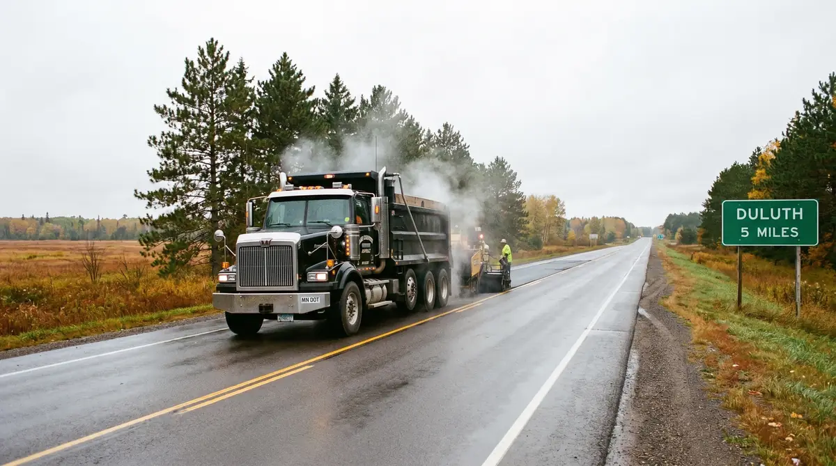 Asphalt dump truck on a Minnesota highway ready for hot mix delivery in the Twin Cities metro area