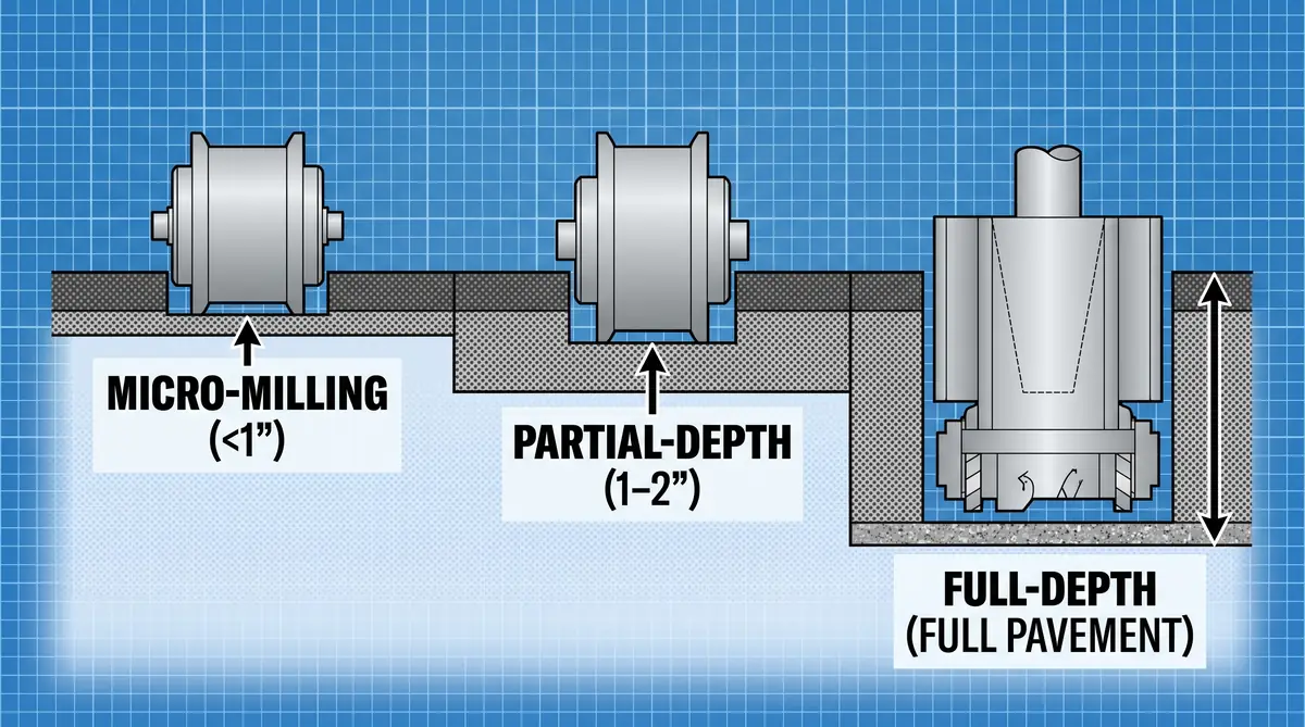 Cross-section diagram comparing three asphalt milling depths: micro-milling removing less than one inch with fine texture, partial-depth milling removing two inches of surface course, and full-depth milling removing entire four-inch asphalt layer down to base
