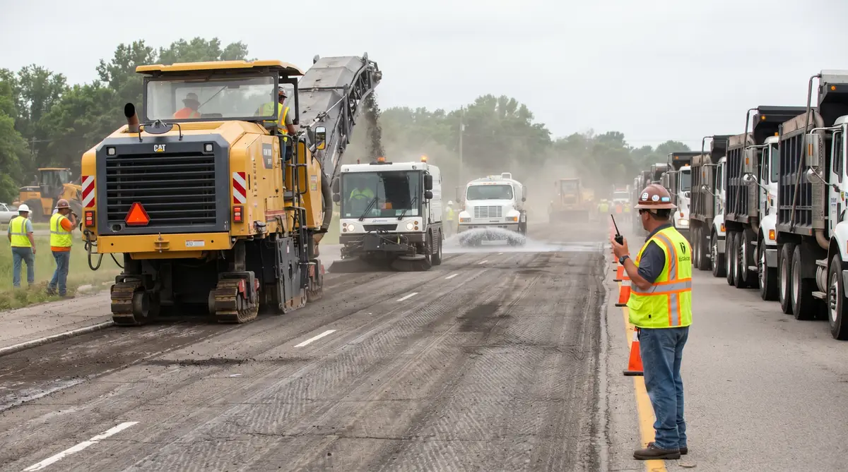 Asphalt milling crew workflow on a commercial road project with cold planer grinding surface, broom tractor sweeping debris behind, water truck for dust control, tandem dump trucks queued for loading, and foreman coordinating on radio