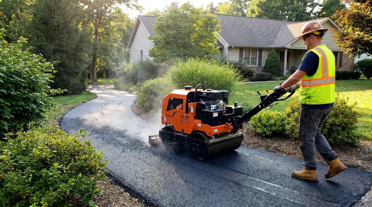 Compact mini asphalt paver laying a fresh asphalt path on a residential project