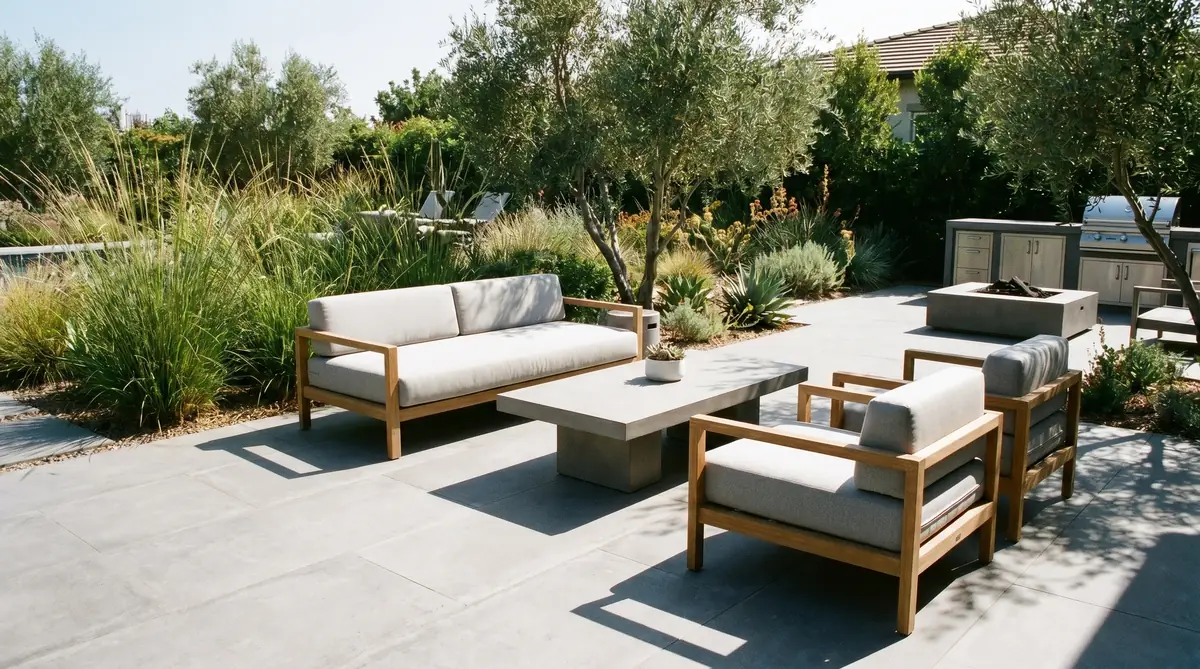 Modern patio with large-format grey porcelain tiles and outdoor seating
