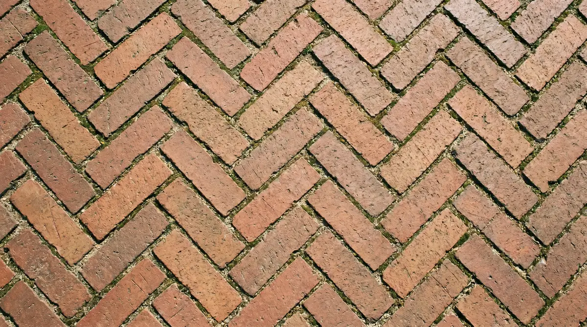 Close-up of herringbone brick paver pattern on patio