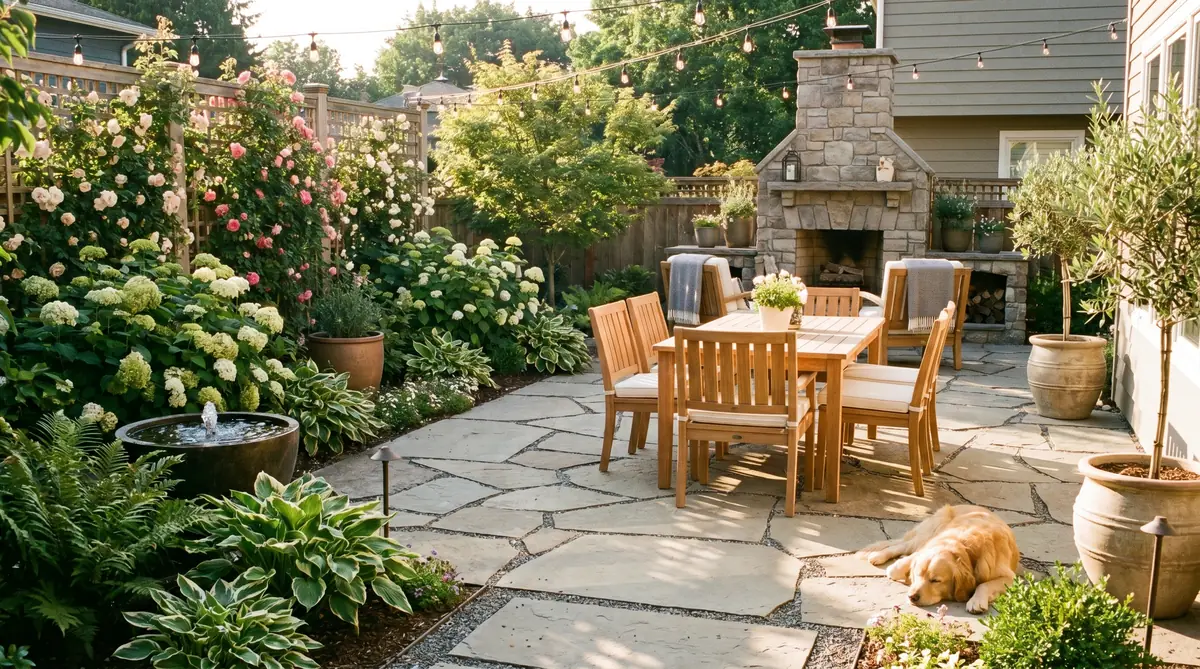 Beautiful finished backyard patio with natural stone pavers and outdoor furniture